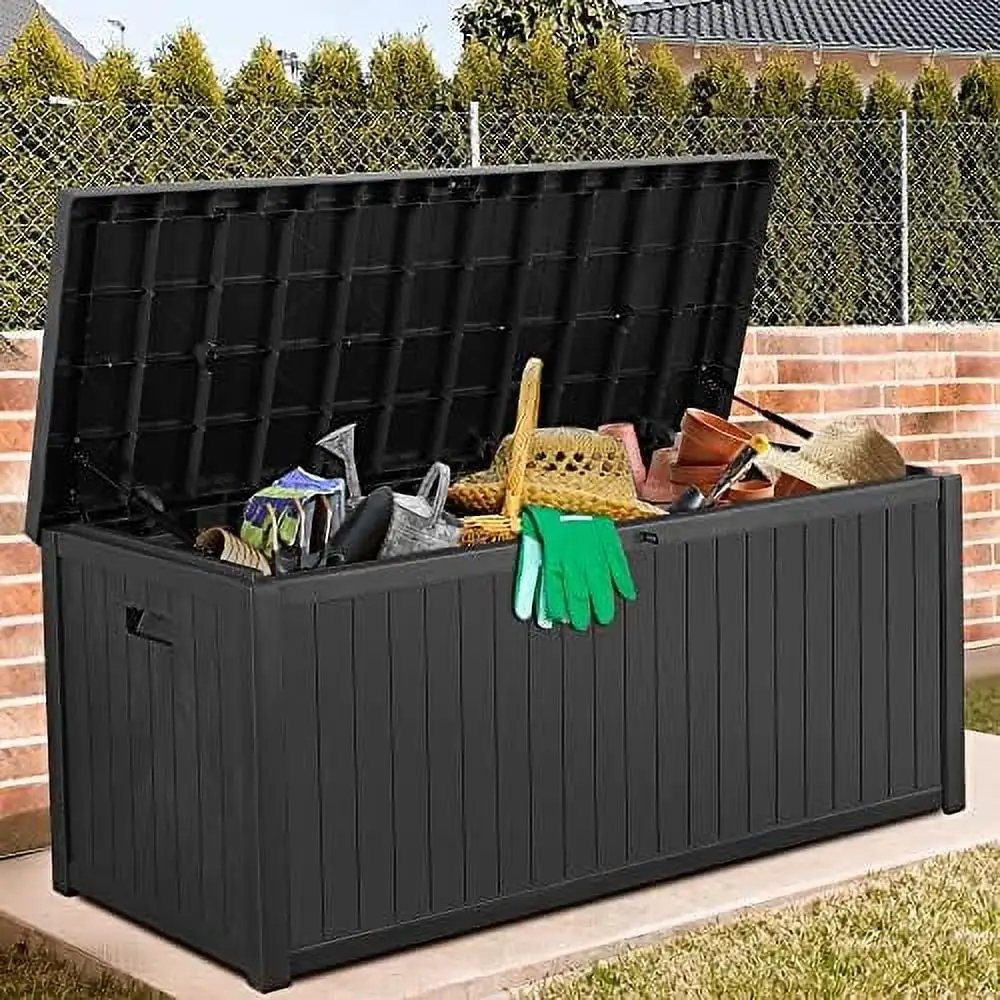 DIKTESSCW 140 Gallon Outdoor Box Patio Rattan Deck Box Wicker Bench Garden Deck Bin for Patio Covers Cushion Pillows Towels Garden Tools Toys Gray