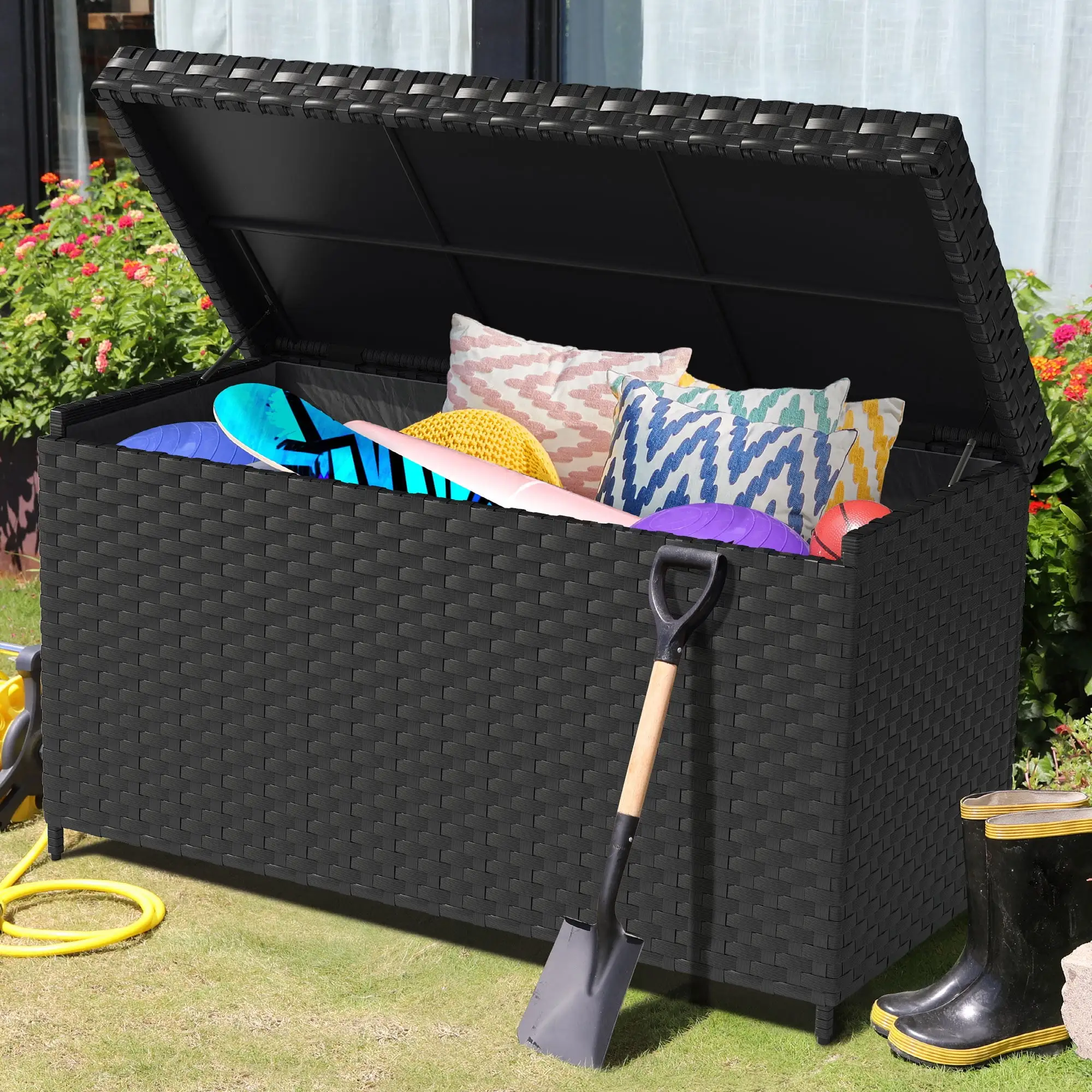 DWVO 170 Gallons Outdoor Deck Box Patio Storage Bench Rattan Wicker Cabinet Container - Black