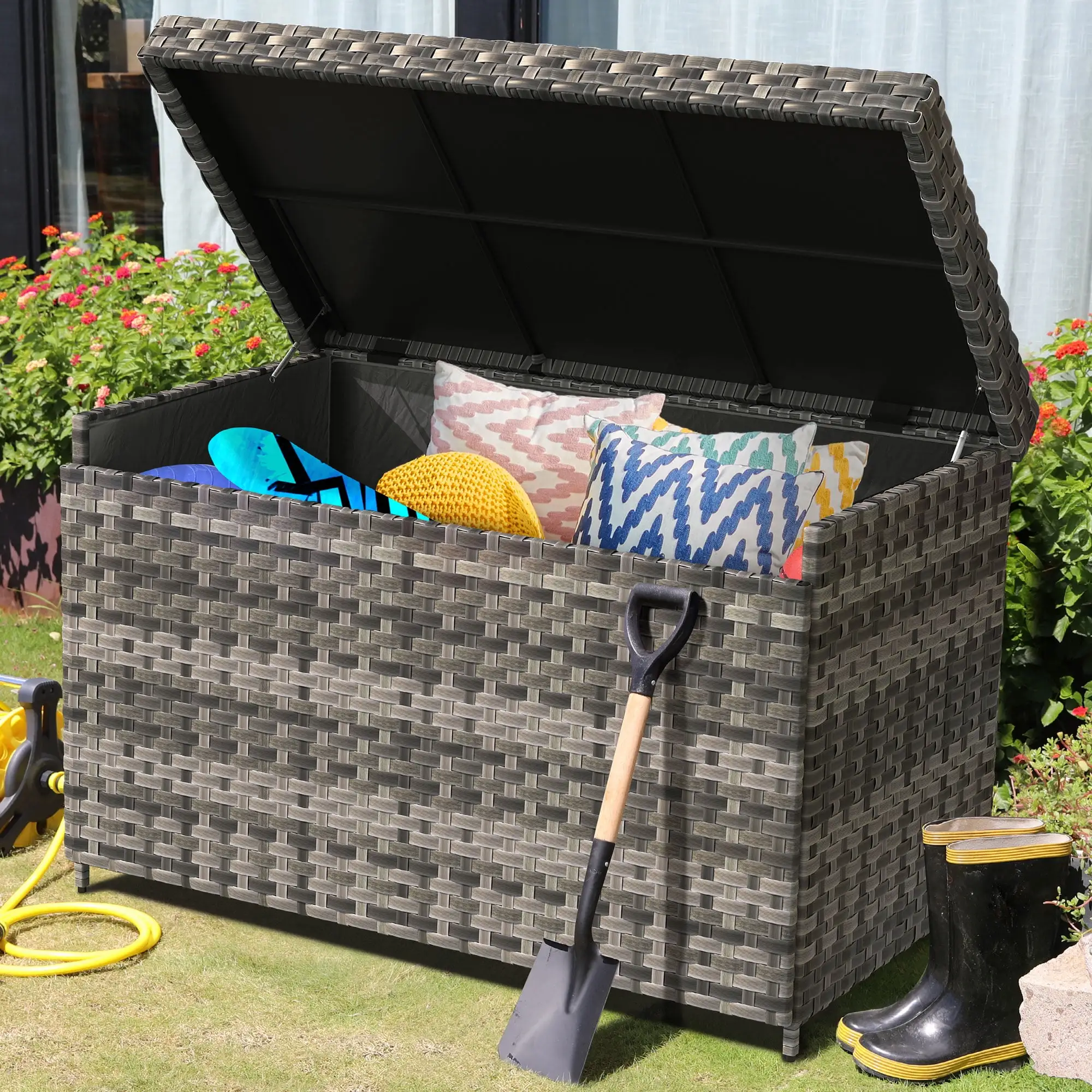 DWVO 230 Gallon Wicker Deck Box. XL All-Weather Waterproof Outdoor Storage Box. Rattan Storage Bin for Patio Furniture. Outdoor Cushions. Pool Storage and Garden Tools.Grey