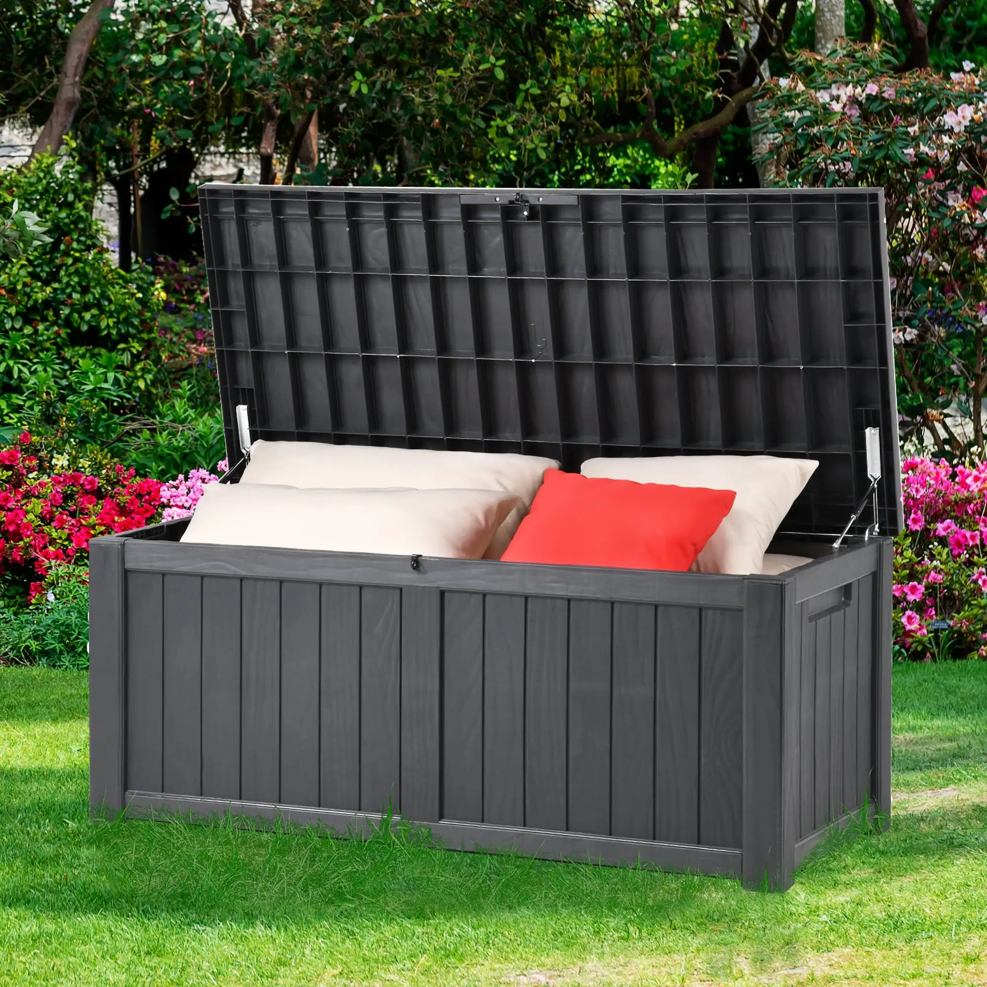 DWVO Deck Box: 120 Gallon Patio Large Storage Cabinet Large Resin Patio Storage for Outdoor Pillows. Garden Tools and Pool Supplies. Waterproof. Lockable | Dark Gray