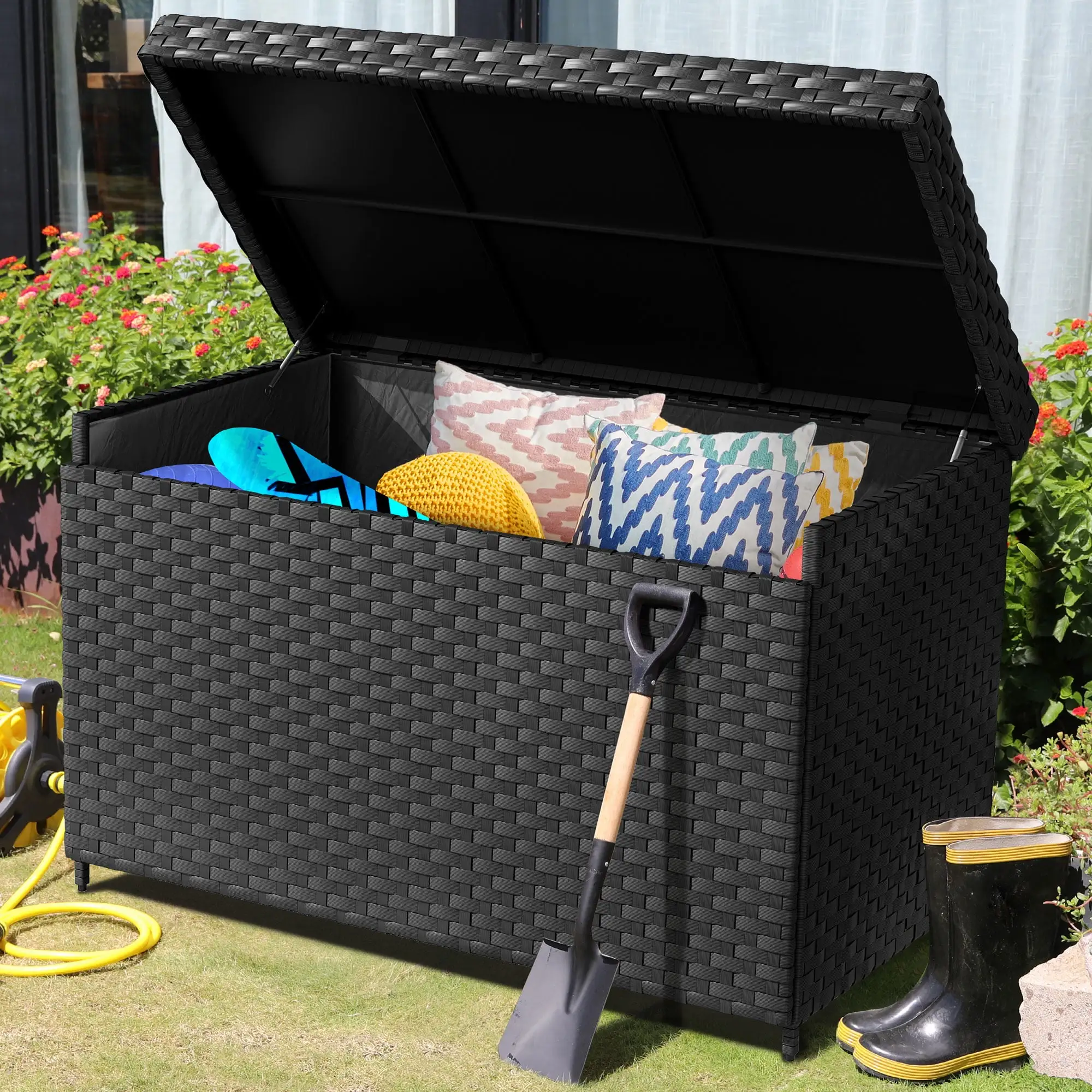 DWVO Deck Box - 230 Gallon Wicker Large Outdoor Storage Box. Waterproof Patio Furniture and Storage Deck. Rattan Storage Bin - Black