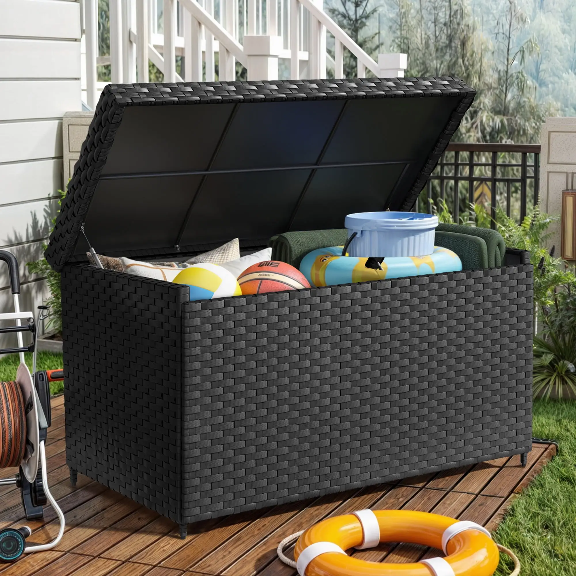 DWVO Outdoor Patio Deck Storage Box. Extra Large. 170 Gallon Wicker Deck Box Rattan Storage Bin. Black