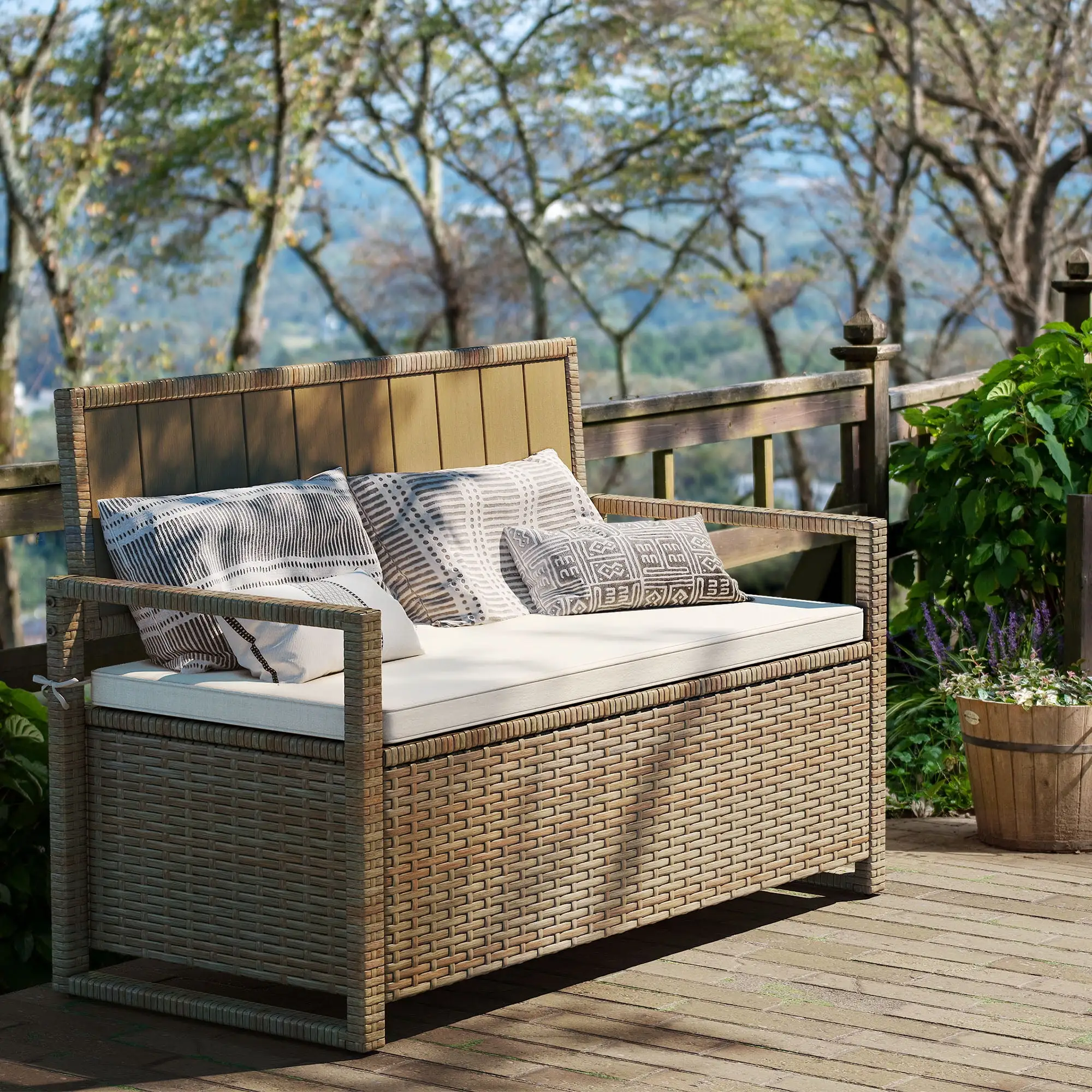 DWVO Outdoor Patios Deck Box Bench with Cushion All-Weather Steel PE Rattan Storage with Backrest Armrest - Beige