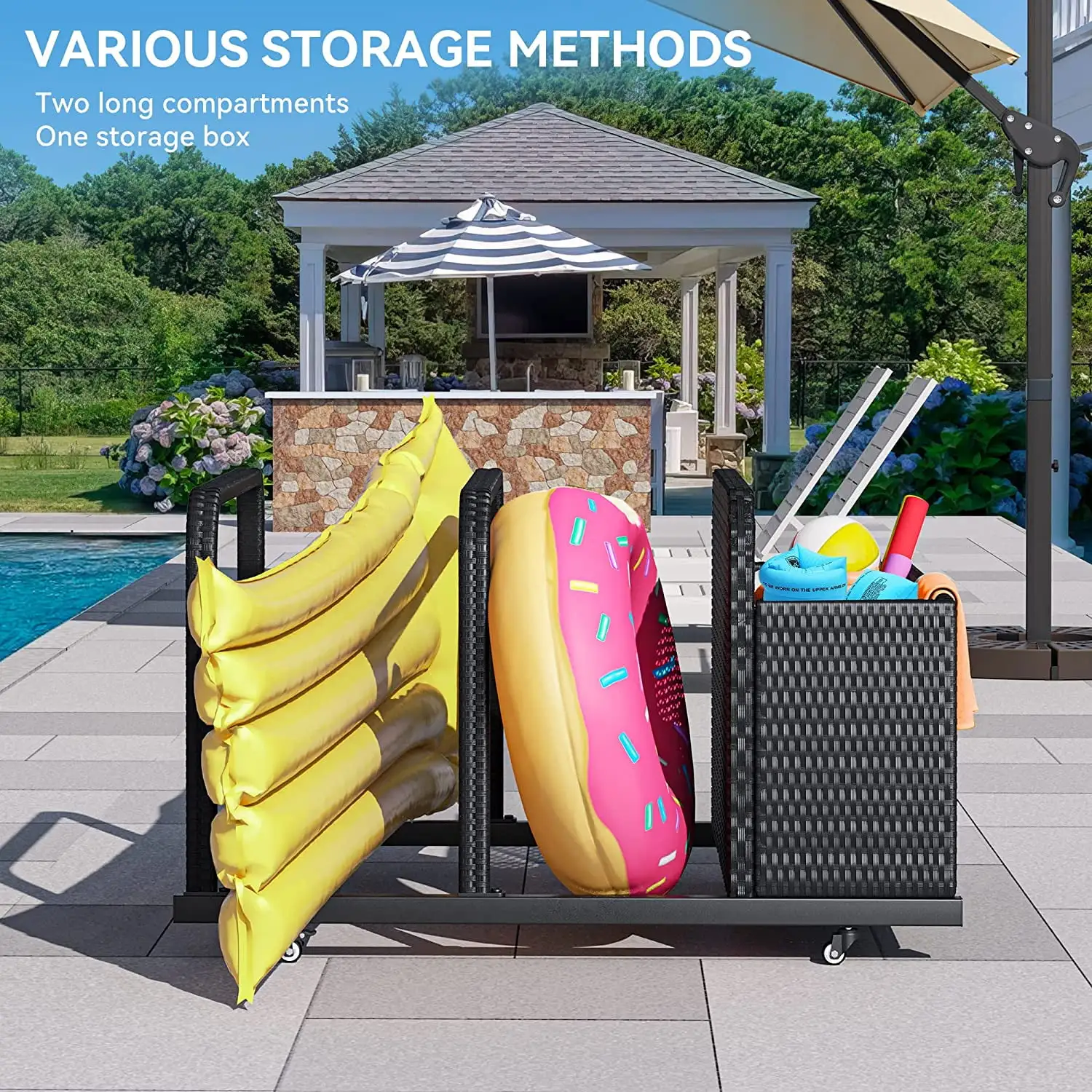 DWVO Outdoor Wicker Storage Box. One PE Rattan Deck Box and Two Long Holder Compartments. Patio Poolside Caddy with Rolling Wheels for Floaties. Noodles. Life Vests. Beach Balls. Toys (Black)