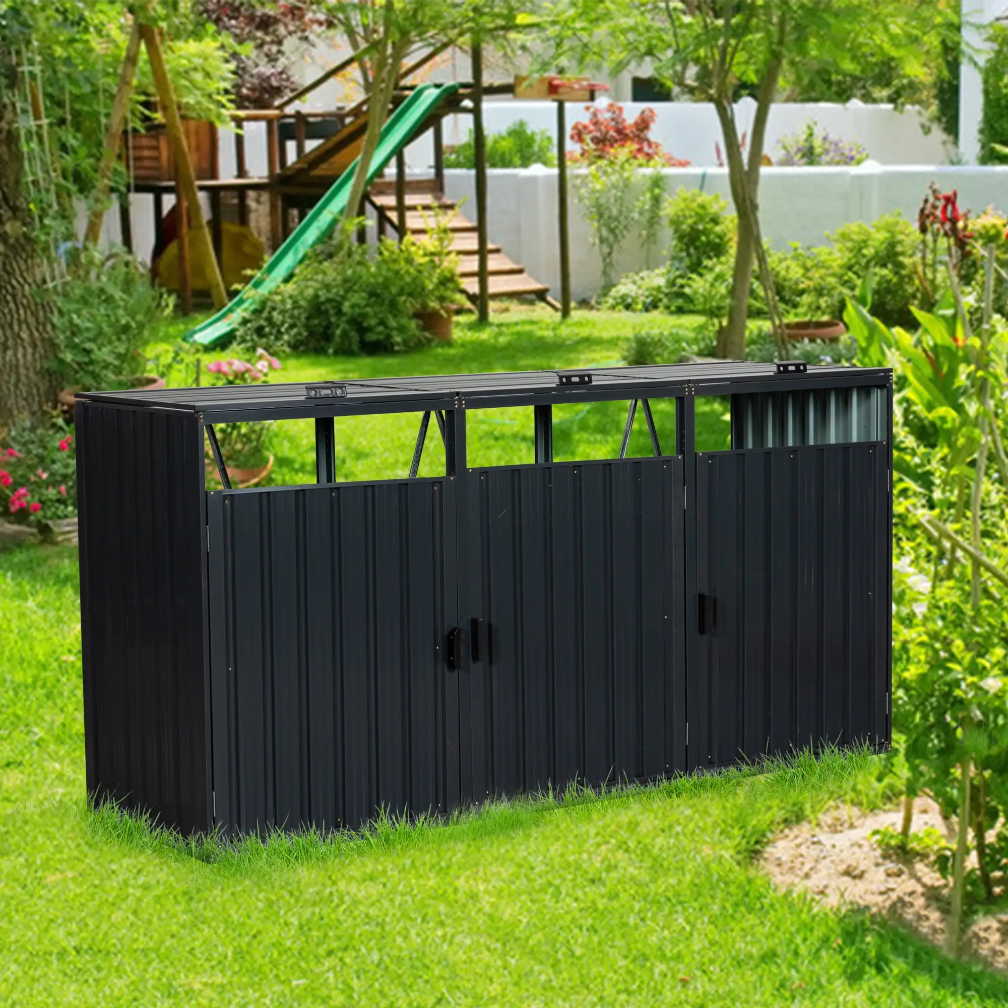 Danolapsi Outdoor Garbage Bin Storage.Galvanized Steel Storage Shed with Lockable Doors.Garbage Bin Shed Stores 3 Trash Cans.Bin Shed Perfect for Patio Storage of Trash Cans and Tool