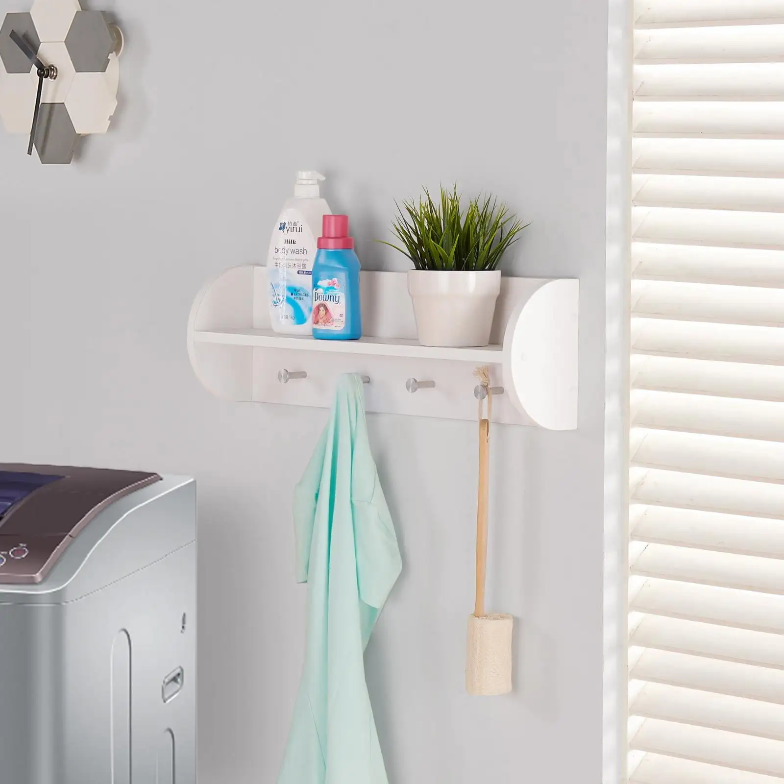 Danya B. White Utility Shelf with Four Large Stainless Steel Hooks