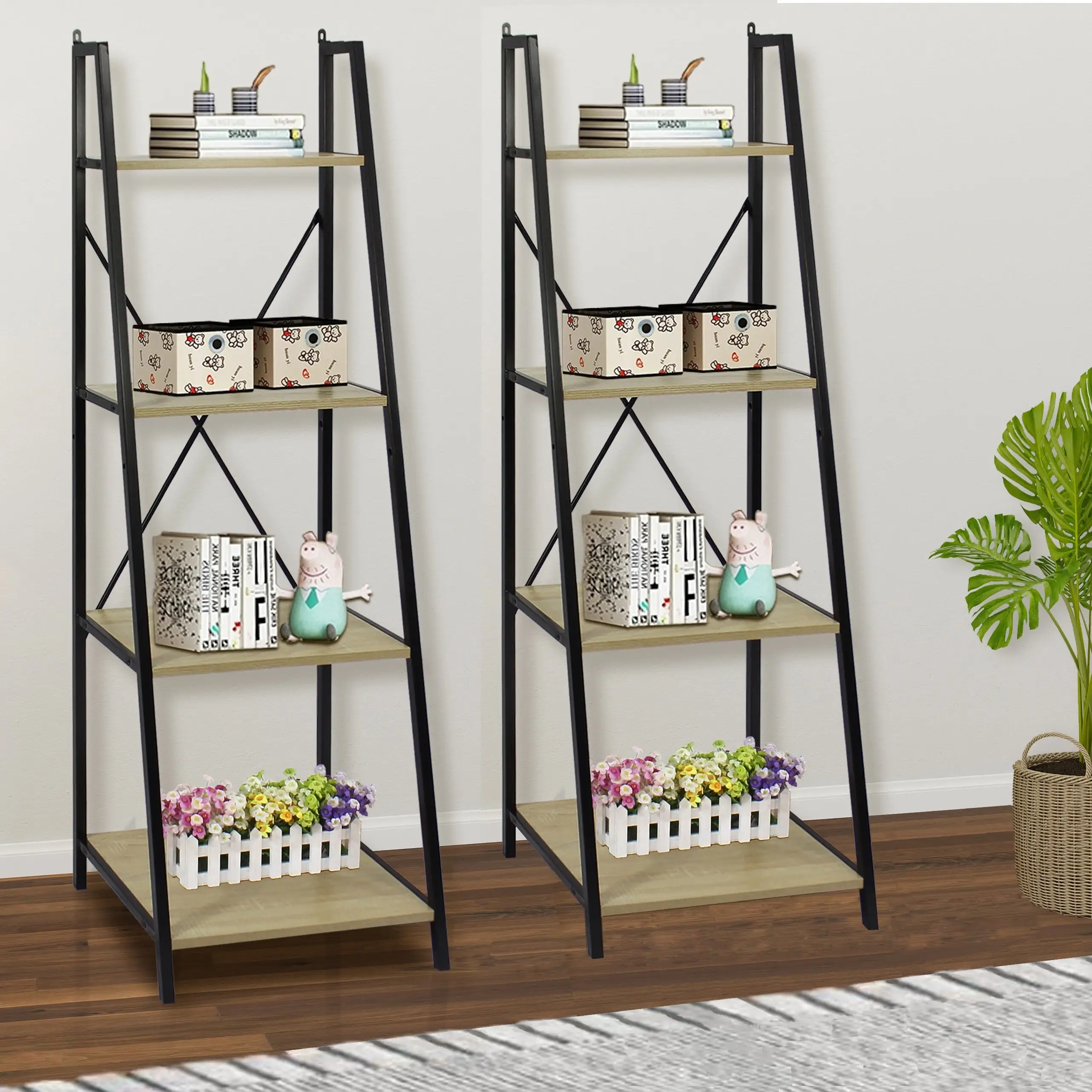 Davee Furniture Industrial Ladder Shelf 4-tier Wood Shelves with Black Metal Frame (Set of 2)