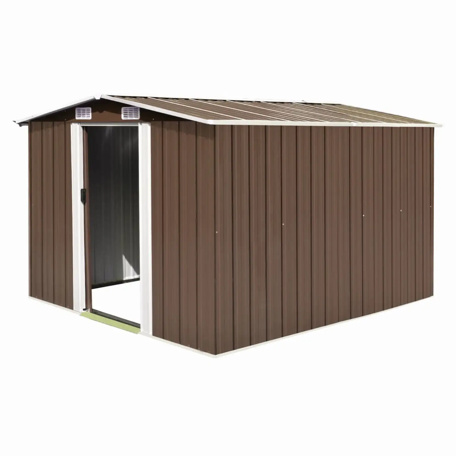 Dcenta Garden Storage Shed with 4 Vents Metal Steel Double Sliding Doors Tool Shed Patio Lawn Care Equipment Pool Supplies Organizer Brown 101.2 x 117.3 x 70.1 Inches (W x D x H)