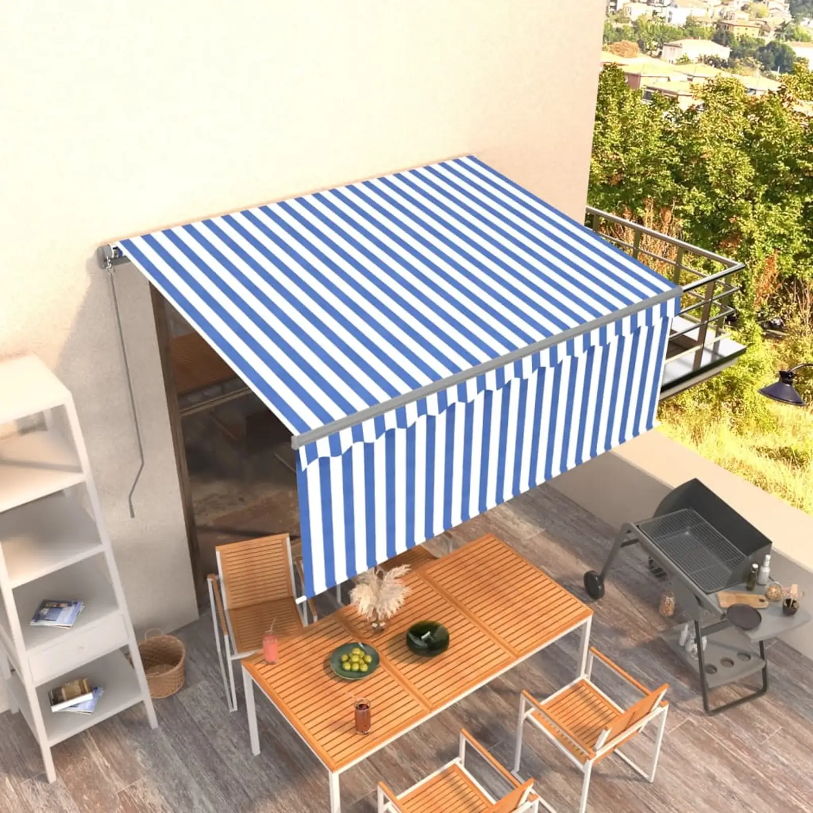 Dcenta Manual Retractable Awning with Blind 9.8'x8.2' Blue&White