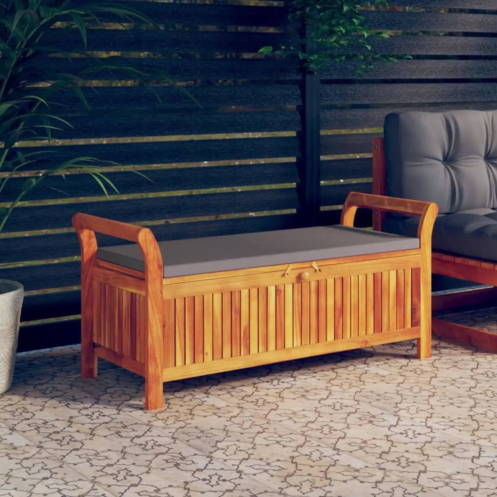 Dcenta Patio Storage Bench with Compartment and Seat Cushion. Acacia Wood Bench for Balcony Garden Entryway Yard Porch Backyard 49.6 x 19.7 x 23.6 Inches (L x W x H)