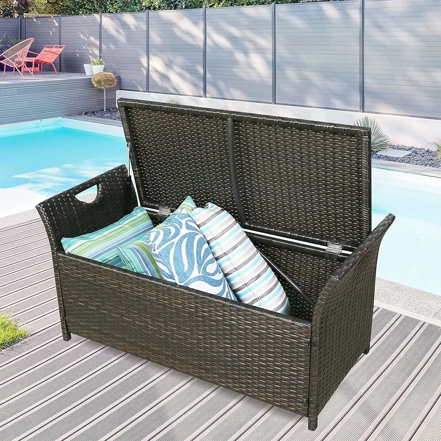 Dcenta Patio Wicker Storage Bench Rattan Deck Storage Box with Red Cushion