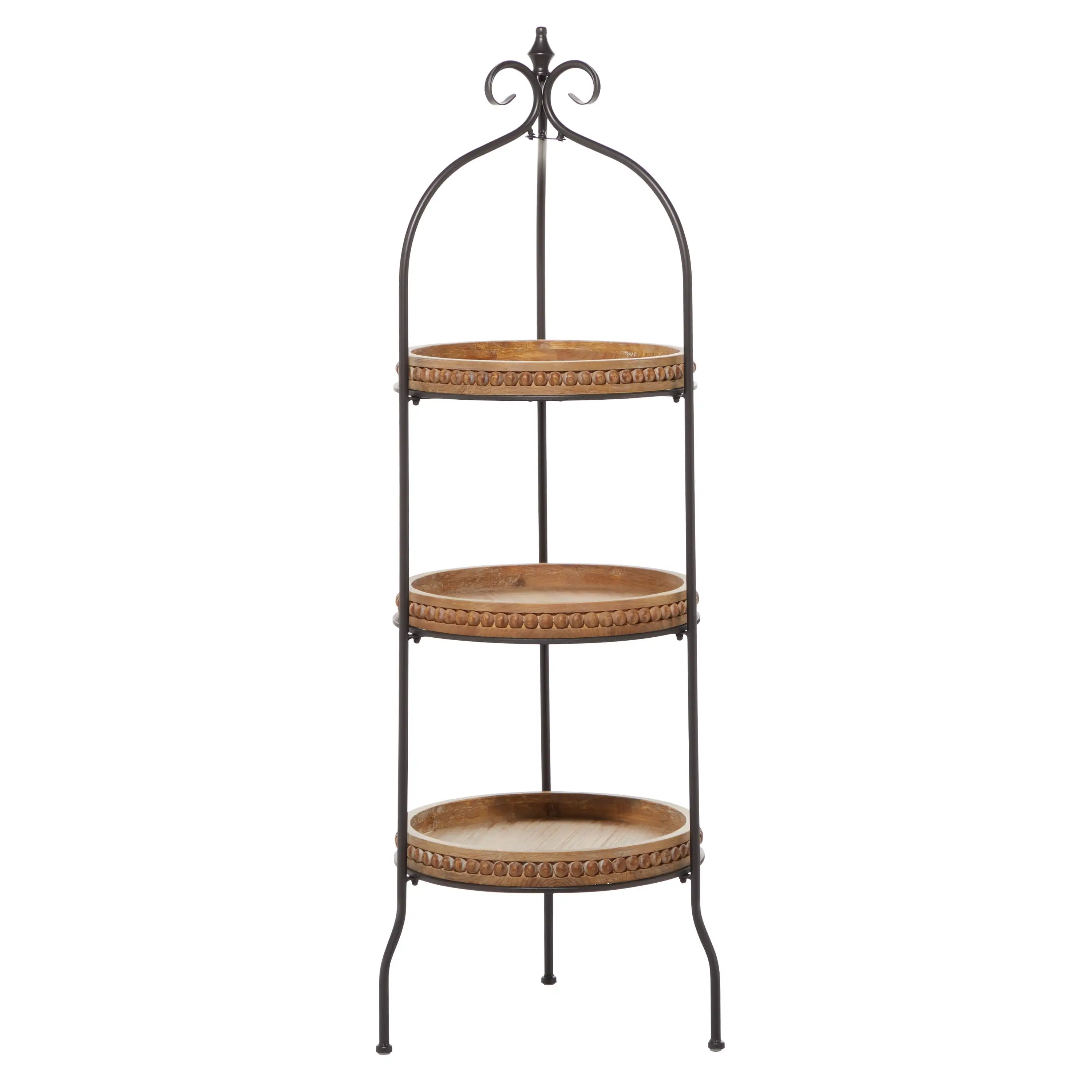 DecMode 17 x 51 Brown Metal Arched Beaded 3-Tier Shelving Unit with Scroll Top. 1-Piece