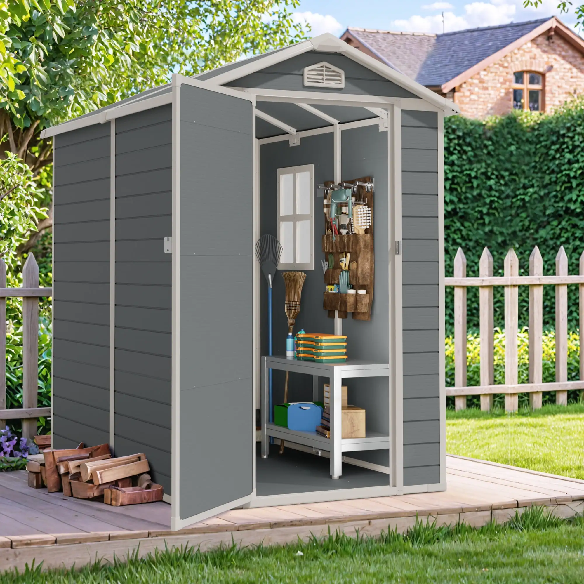 Devoko 4' x 6' Plastic Shed for Outdoor Storage All-Weather Resin Storage Shed with Reinforced Floor and Lockable Door for Backyard Patio Tool Storage Use. Gray