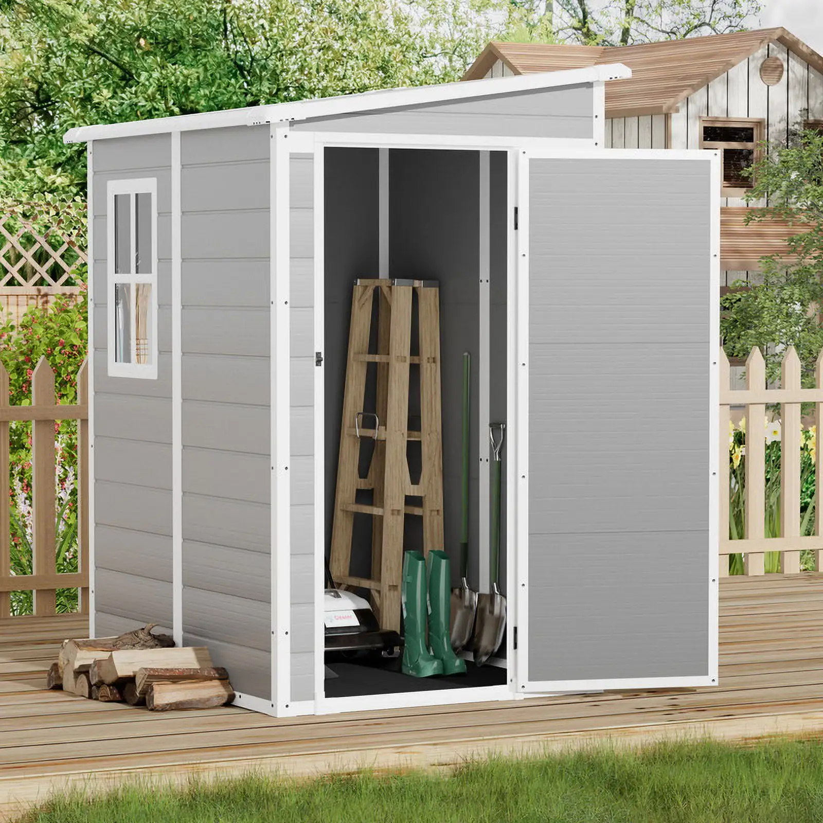 Devoko Manor 5' x 4' Resin Storage Shed. All-Weather Plastic Outdoor Storage. Gray and White