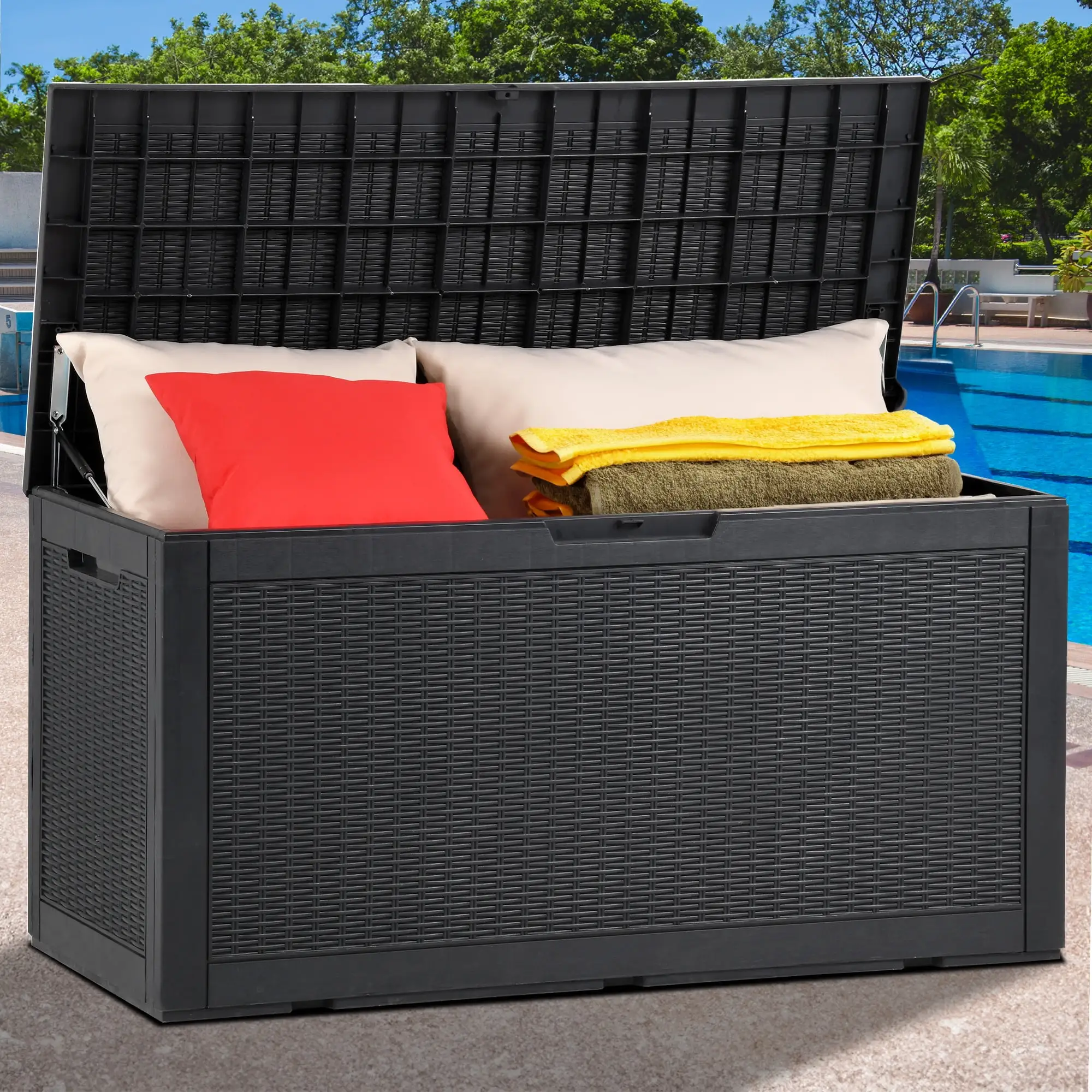 Dextrus 100 Gallon Outdoor Deck Box.Weatherproof Resin Storage Box. Black