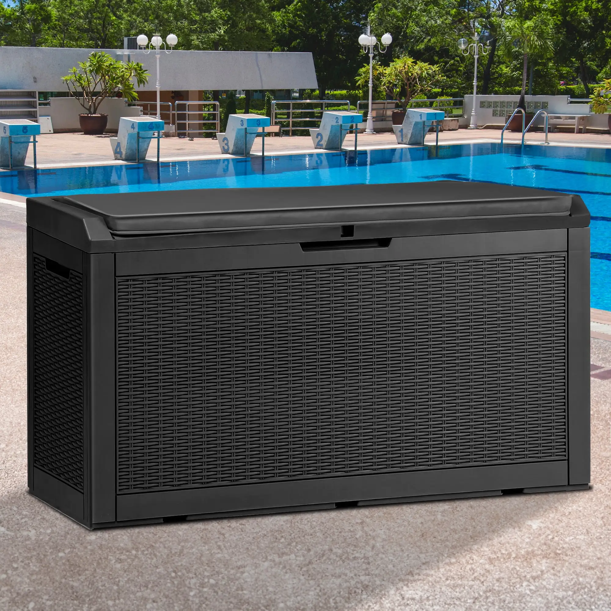 Dextrus 100 Gallon Outdoor Deck Box with Cushion.Large Waterproof Resin Storage Box. Lockable.Black