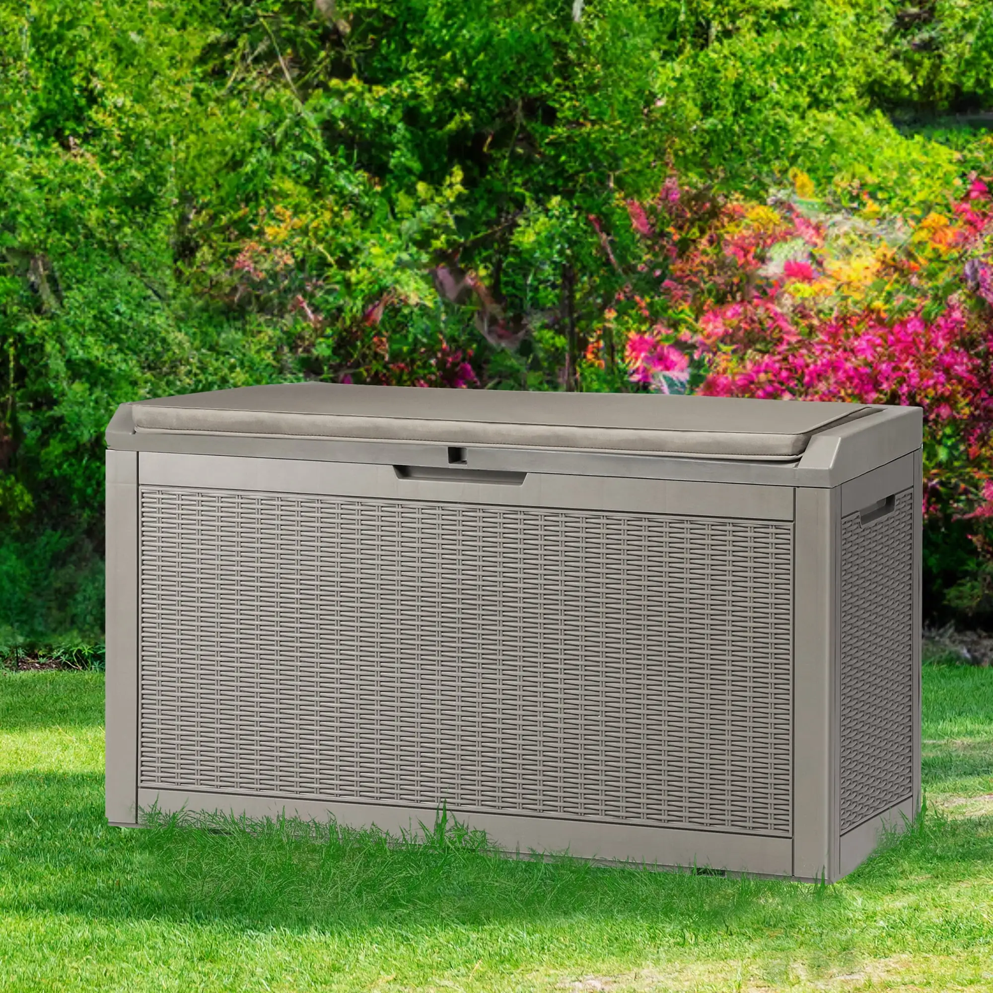 Dextrus 100 Gallon Outdoor Storage Solution for Patio Furniture. Outdoor Cushions. Garden. and Pool Supplies - Waterproof and Lockable. Light Brown