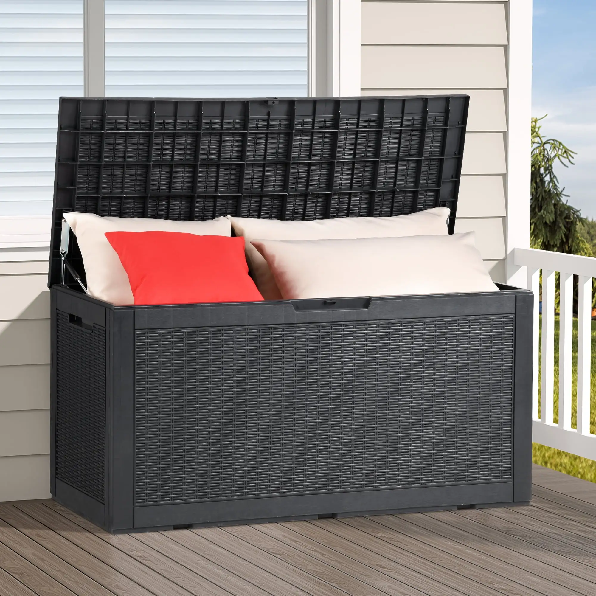 Dextrus 100 Gallon Spacious Resin Outdoor Storage Box for Patio Essentials. Outdoor Pillows. Landscaping Equipment. and Pool Accessories - Weatherproof. Secure (Black)