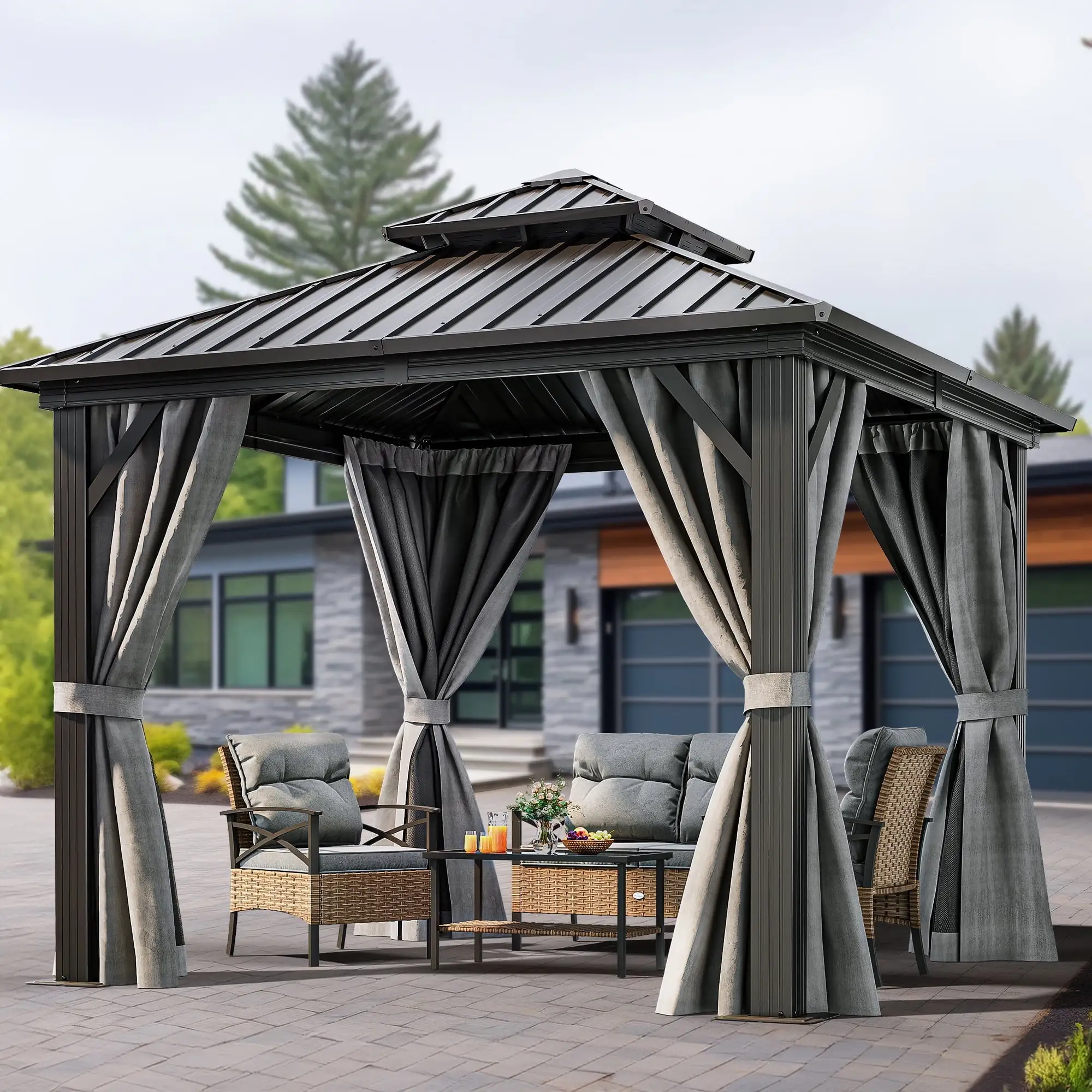 Dextrus 10ft x10ft Double Roof Hardtop Gazebo with Netting&Curtains. Metal Outdoor Pavilion.Ideal for Patio Lawn and Garden.Black.Grey Curtain