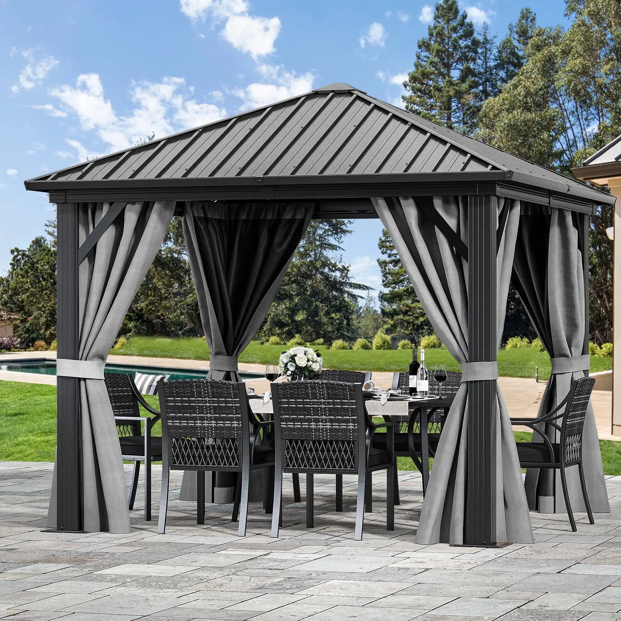 Dextrus 10x10ft Hardtop Gazebo with Nettings and Curtains.Heavy Duty Galvanized Steel Outdoor Vertical Stripes Roof for Patio. Backyard. Deck. and Lawns (Grey)