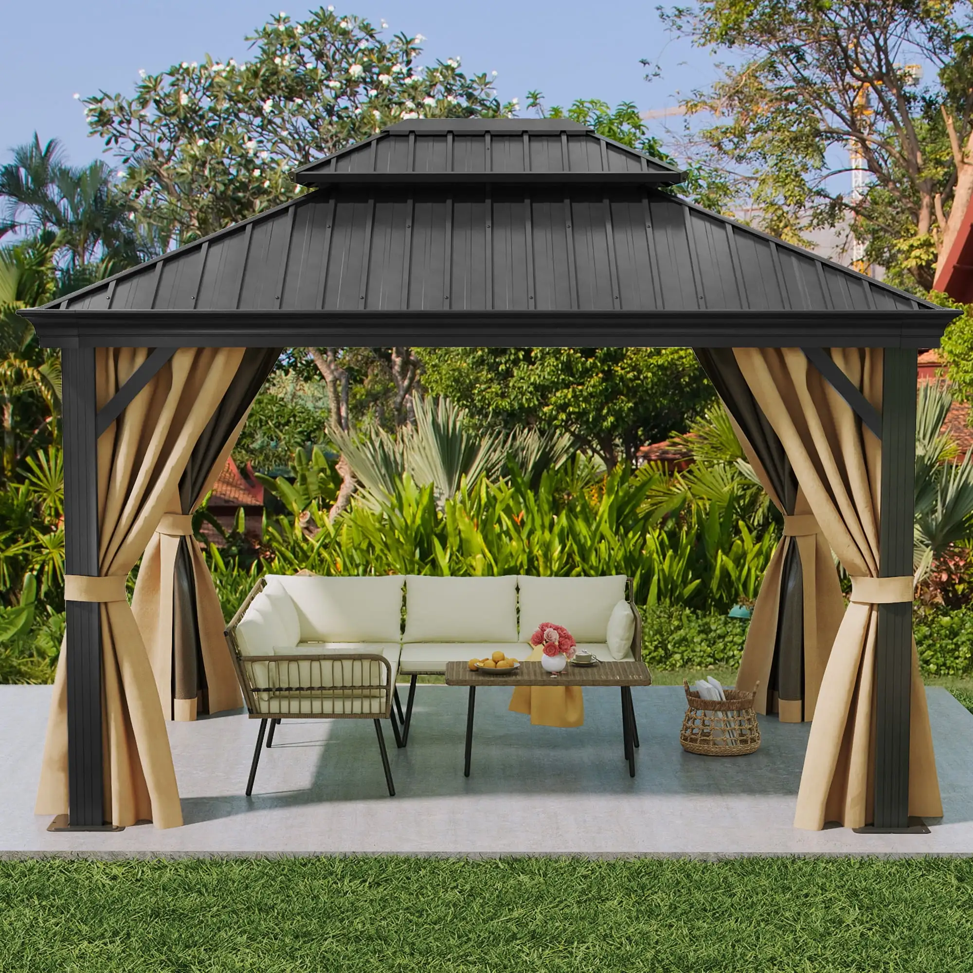 Dextrus 10x12ft Hardtop Gazebo with Nettings and Curtains. Heavy Duty Galvanized Steel Outdoor Vertical Stripes Roof for Patio. Backyard. Deck. Lawns. Brown