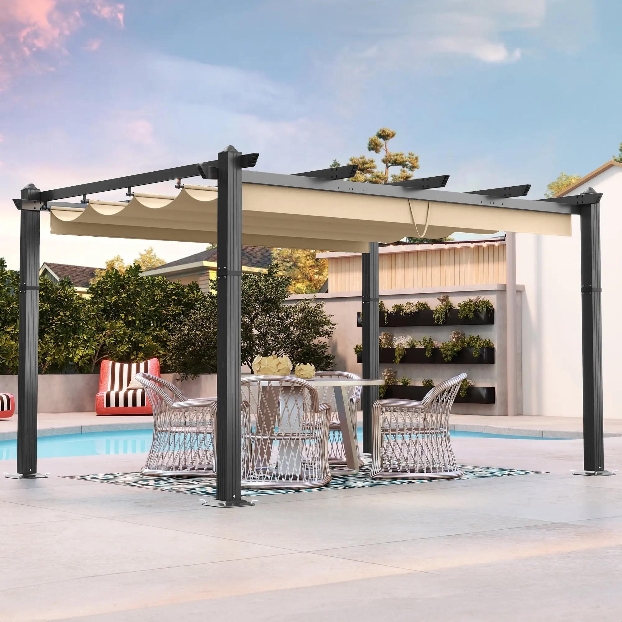 Dextrus 10x13ft Outdoor Aluminum Pergola. Retractable Pergola Canopy Shelter Grape Trellis With Sunshade.Brown Curtain