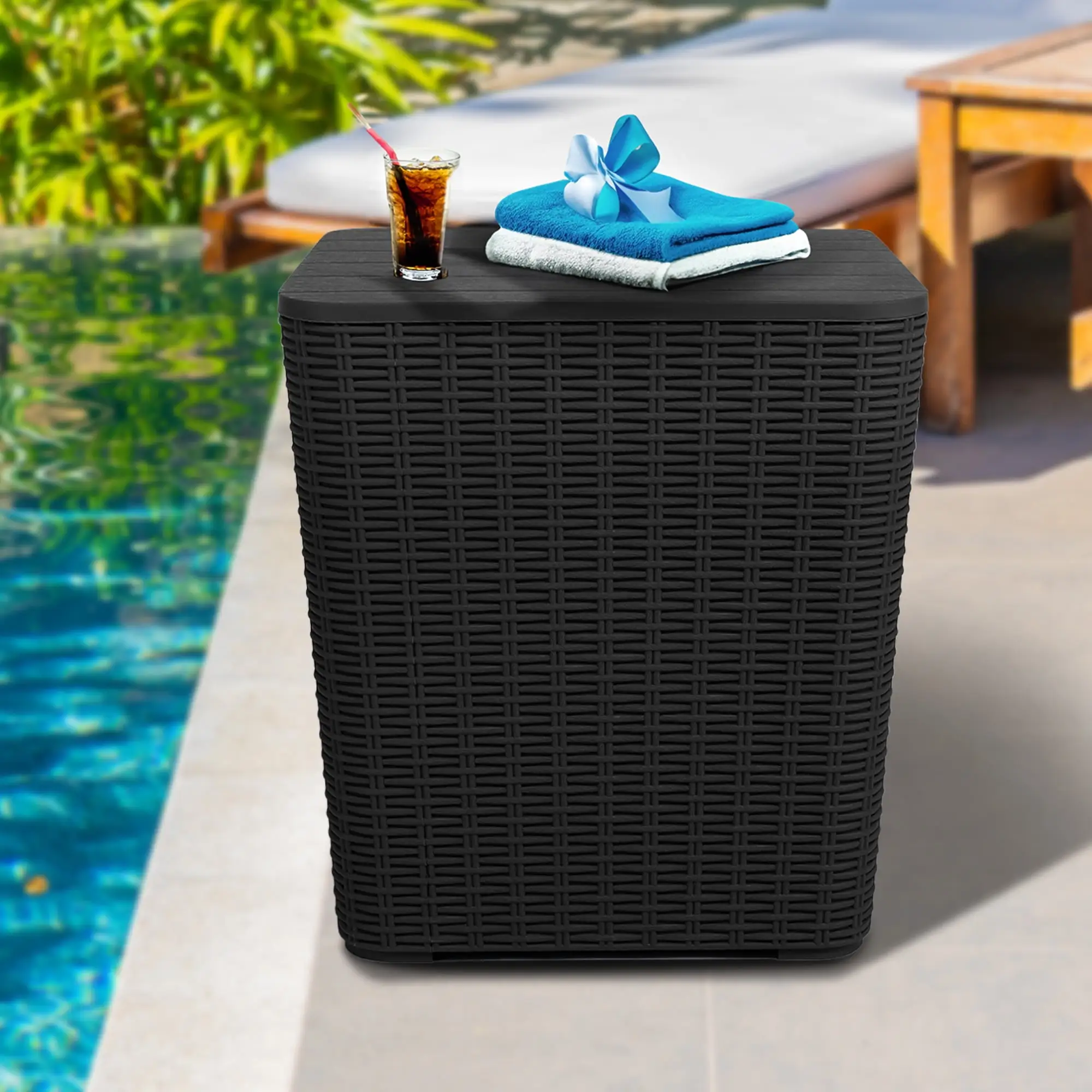 Dextrus 11.5-Gallon Outdoor Side Table. Resin Rattan Coffee Table with Extra Storage for Patio Decor and Cushions - Black