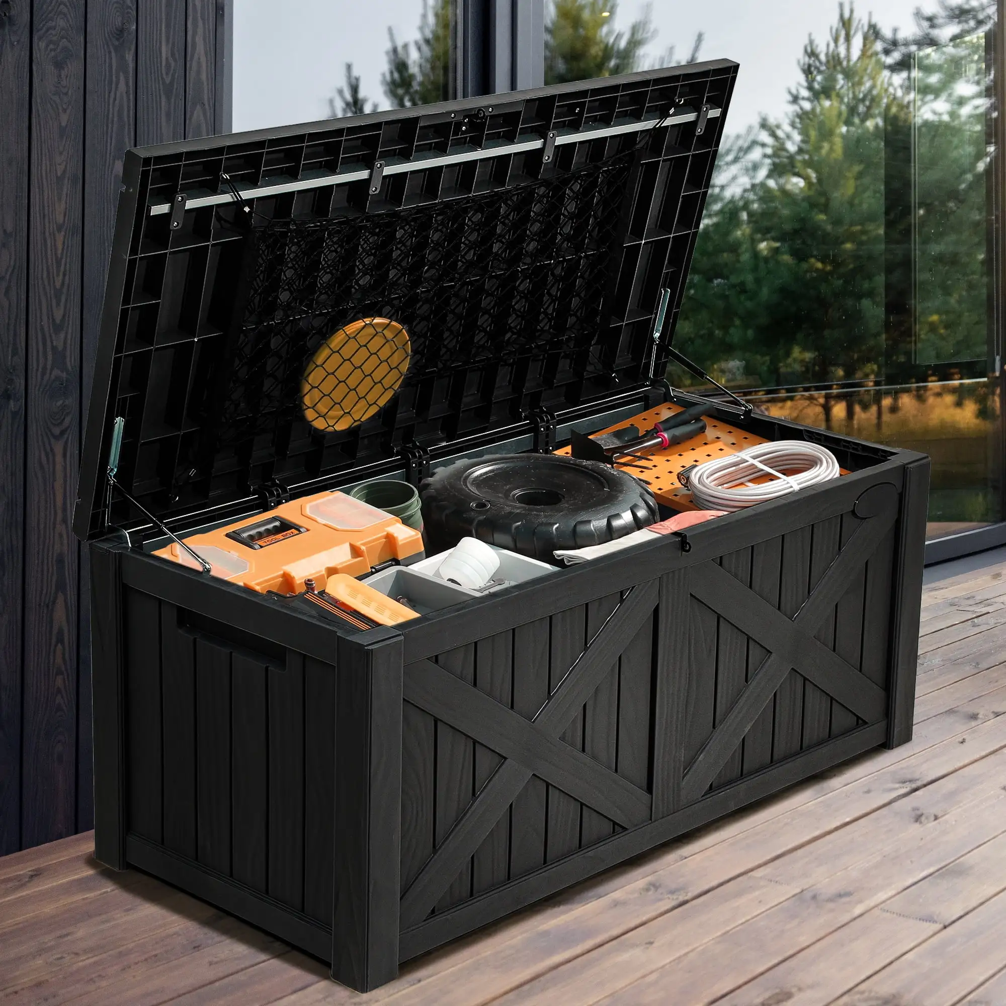 Dextrus 120 Gallon Large Deck Box w/Flexible Divider & Storage Net. Resin Outdoor Storage Boxes. Waterproof Cushion Storage Bench for Patio. Pool Supplies. Garden Tools - Lockable. Black