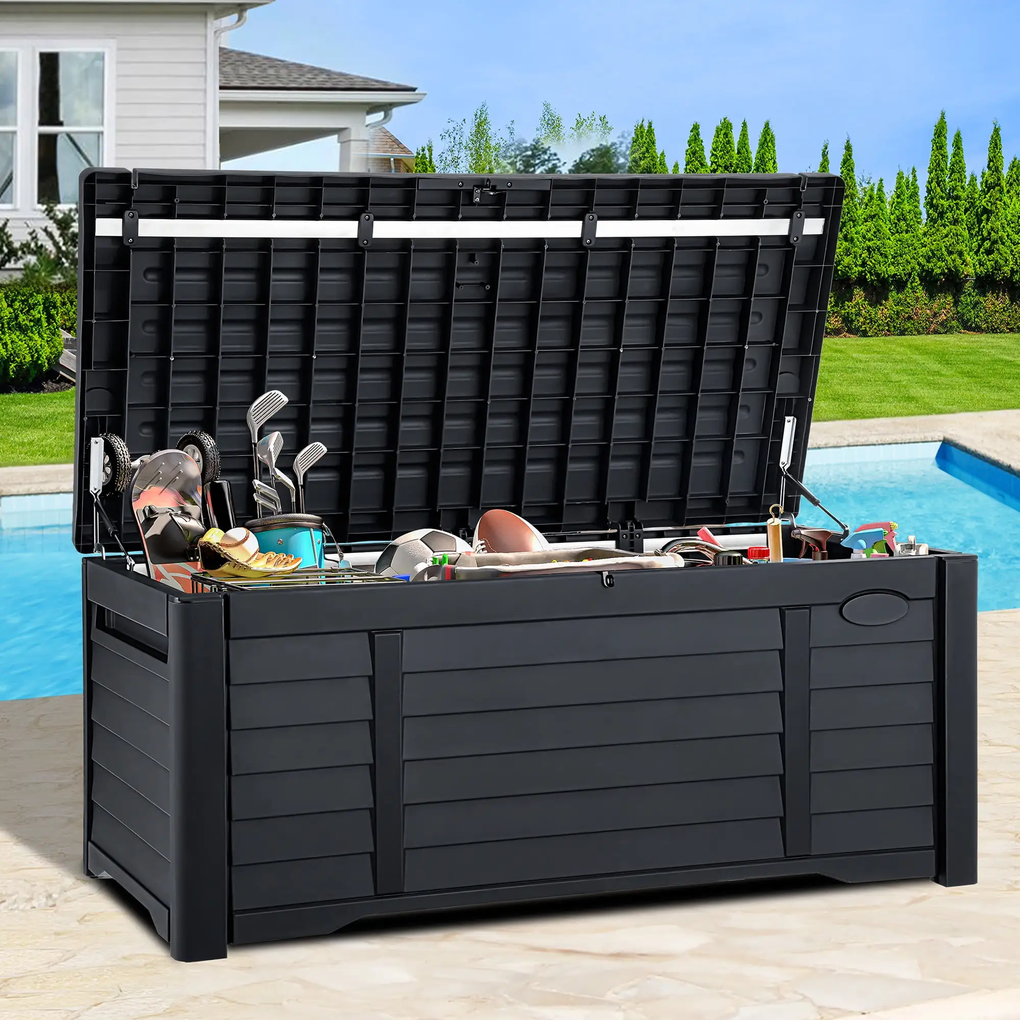 Dextrus 120 Gallon Large Outdoor Patio Deck Box.Louvered Resin Outdoor Storage Boxes.Waterproof&Lockable. Black