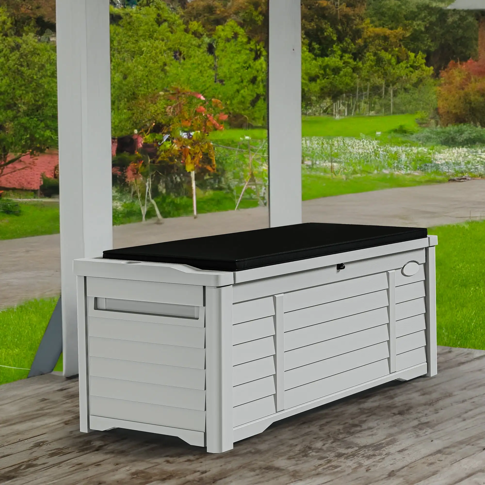 Dextrus 120 Gallon Large Outdoor Patio Deck Box with Black Cushion .Waterproof Louvered Resin Outdoor Storage Boxes.Lockable. White