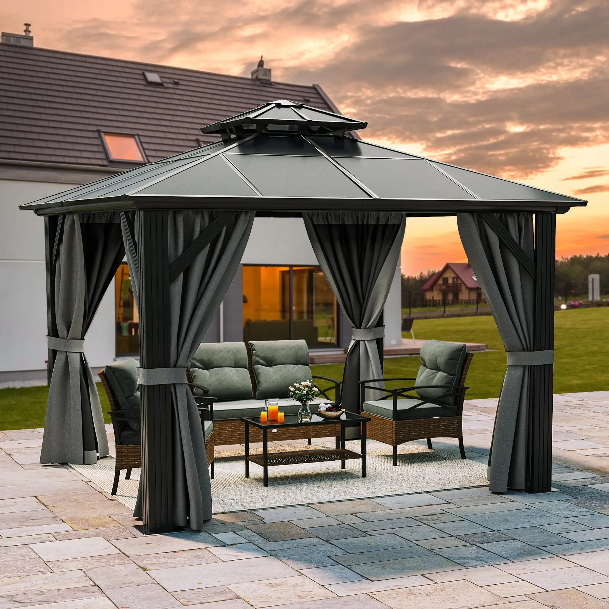 Dextrus 12ft x12ft Double Roof Hardtop Gazebo with Netting&Curtains. Outdoor Aluminum Gazebo with Heavy Duty Galvanized Steel.Ideal for Patio Lawn and Garden.Grey Curtain