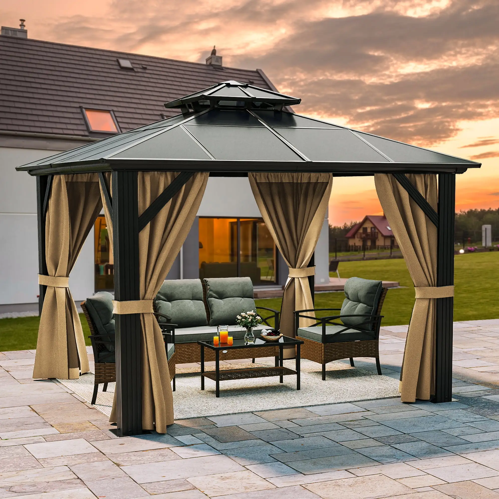 Dextrus 12x12FT Gazebo Hard-Top Double Roof Canopy Outdoor with Netting and Shaded Curtains. Aluminum Frame Polycarbonate Hardtop Garden Tent for Patio. Backyard. Deck and Lawns. Brown