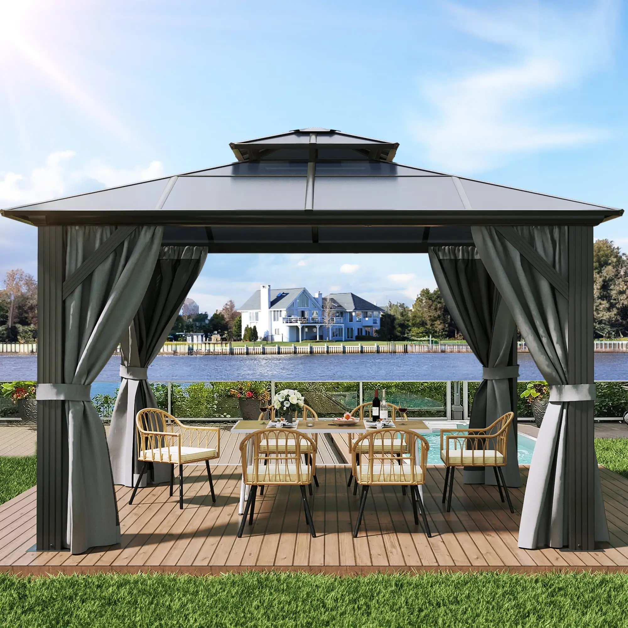 Dextrus 12x14FT Outdoor Double Roof Gazebo Polycarbonate Hardtop with Netting&Shaded Curtains.Sturdy Aluminum Frame Garden Tent.Ideal for Patio. Backyard.Deck and Lawns.Grey Curtain