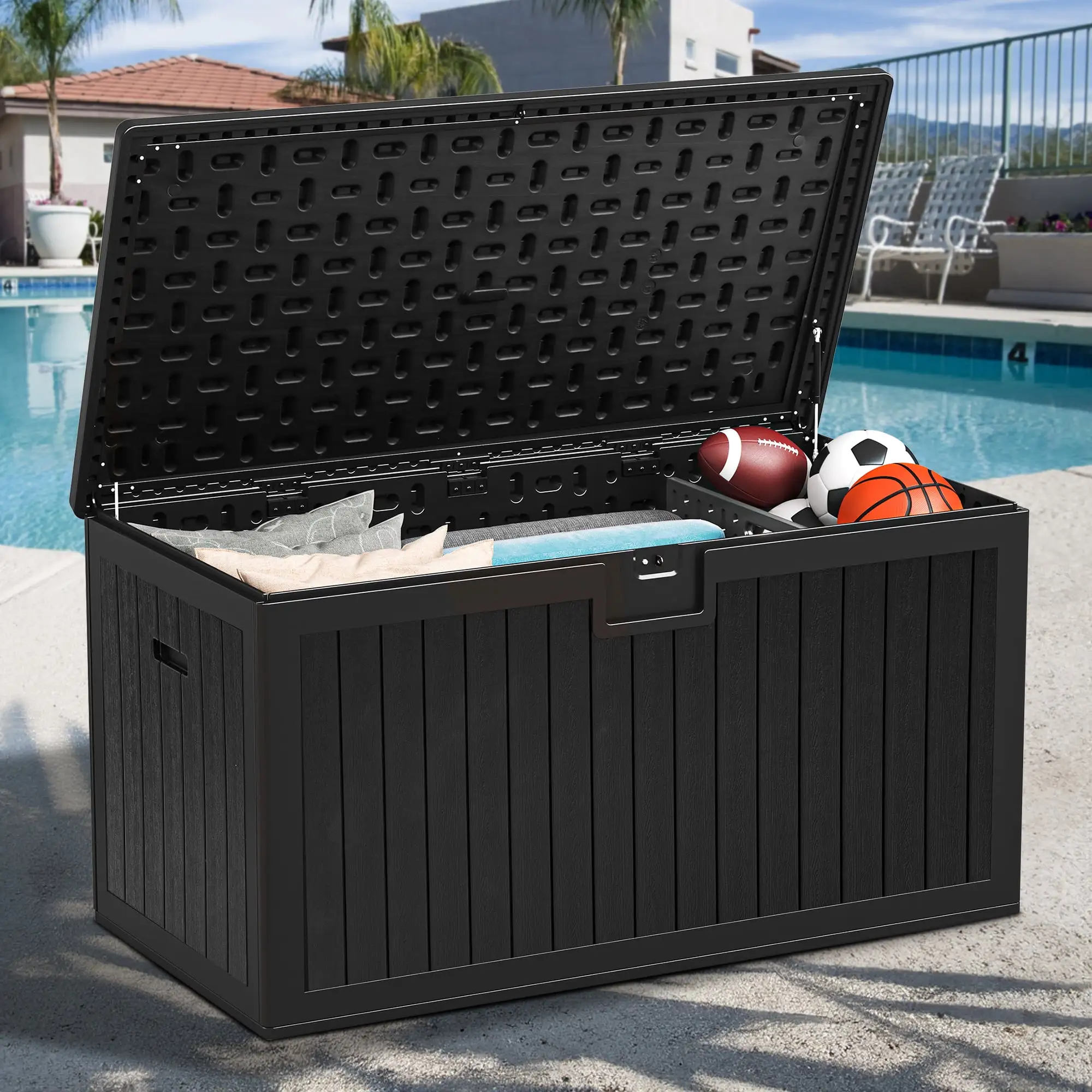 Dextrus 150 Gallon Large Deck Box.Spacious and Versatile Waterproof Outdoor Storage Box for Patio Furniture Cushions. Garden Tools. and Pool Toys. Black