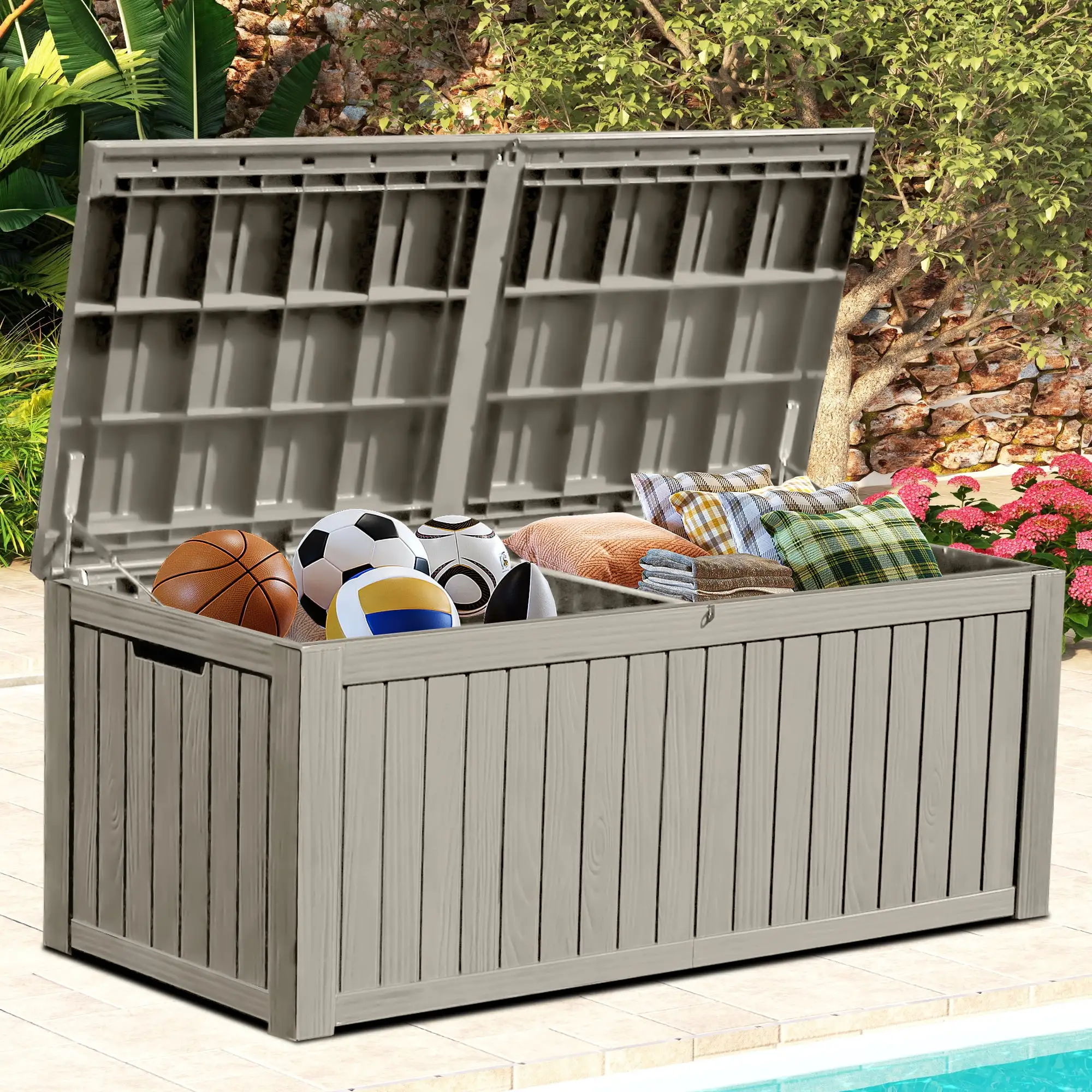 Dextrus 150 Gallon Large Resin Deck Box.Outdoor Garden Storage Box with Built-in Divider. Waterproof and Lockable.Brown