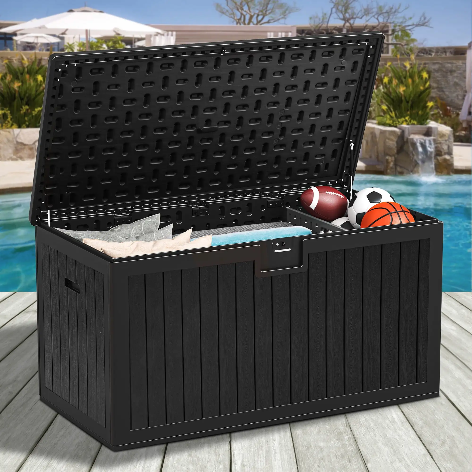 Dextrus 150 Gallon Large Resin Deck Box.Outdoor Garden Waterproof Storage Box. Lockable.54 x 27x 28 inch.Black