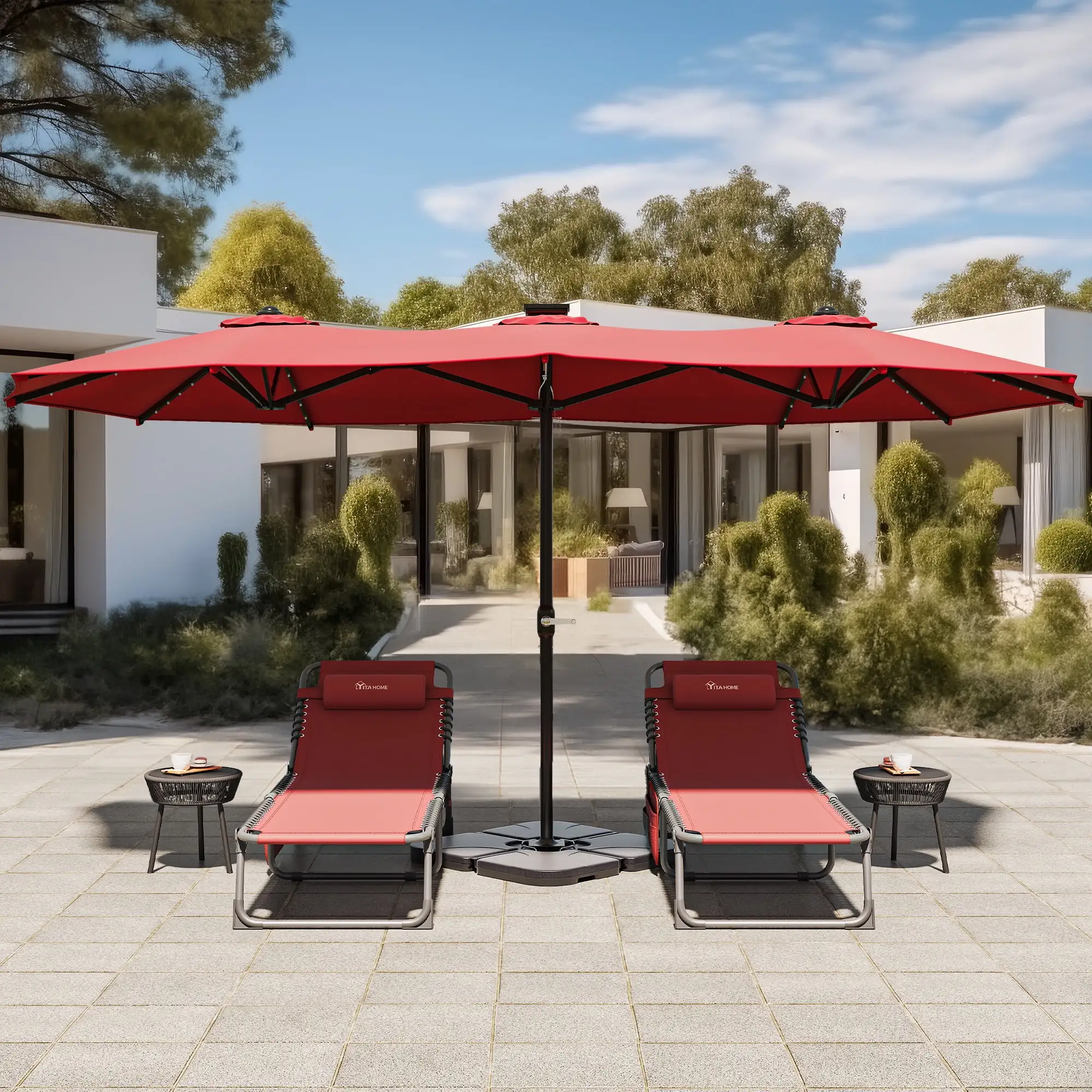 Dextrus 15FT Double-Sided Patio Umbrellawith 48 LED Lights. Large Outdoor Market Table Umbrella w/Solar Lights.Claret-red