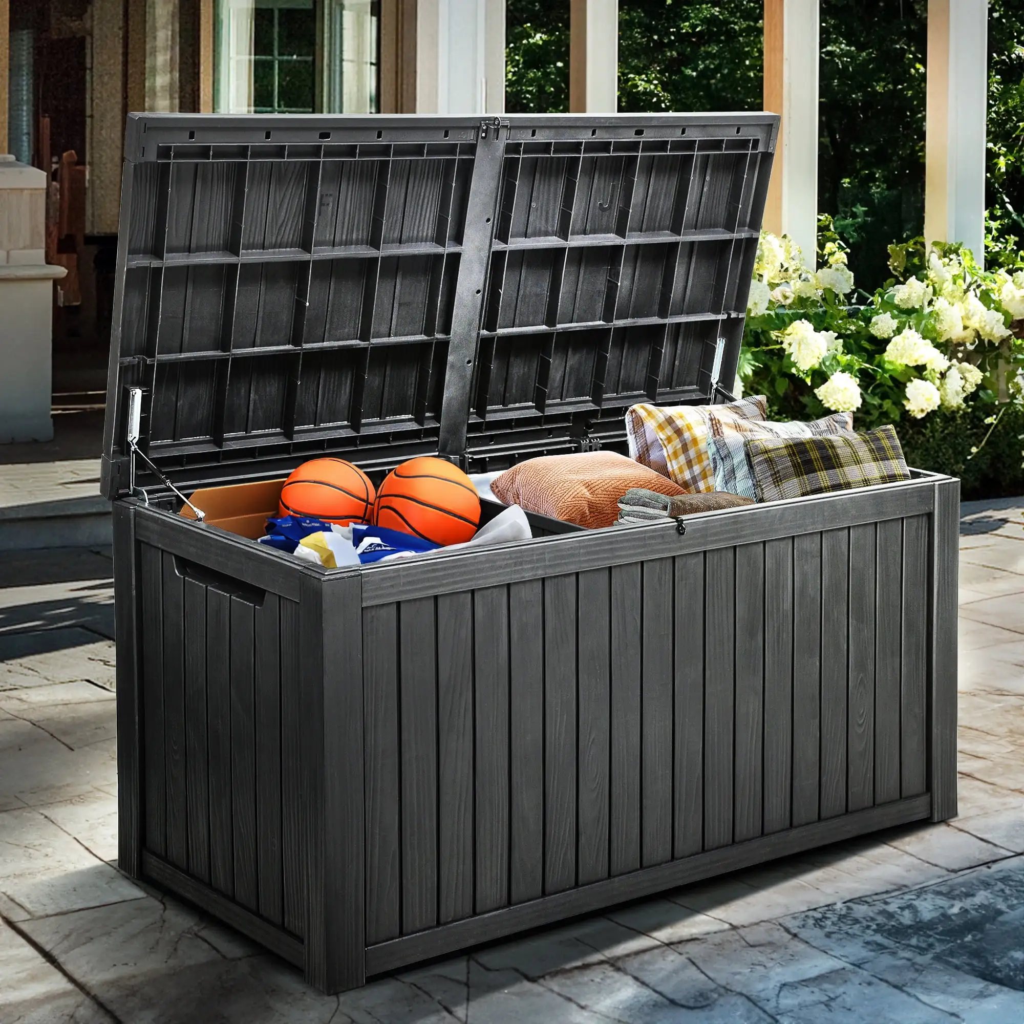 Dextrus 180 Gallon Large Outdoor Storage XL Deck Box w/Divider for Patio Furniture.Outdoor Cushions. Garden Tools. Sports Equipment and Pool Supplies. Waterproof. Resin. Lockable. Black