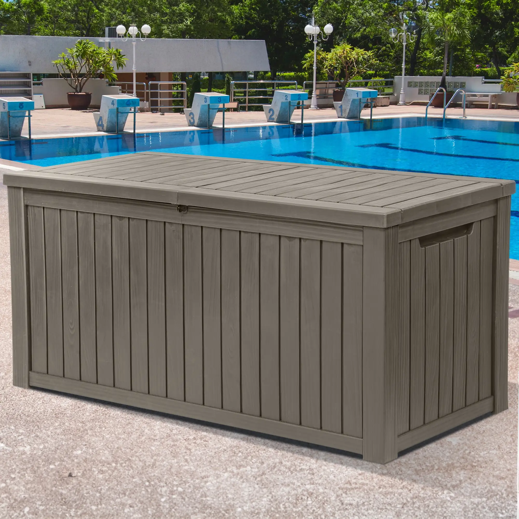 Dextrus 180 Gallon Resin Deck Box.Large Outdoor Storage box with Built-in Divide for Patio. Weatherproof and Lockable.Brown