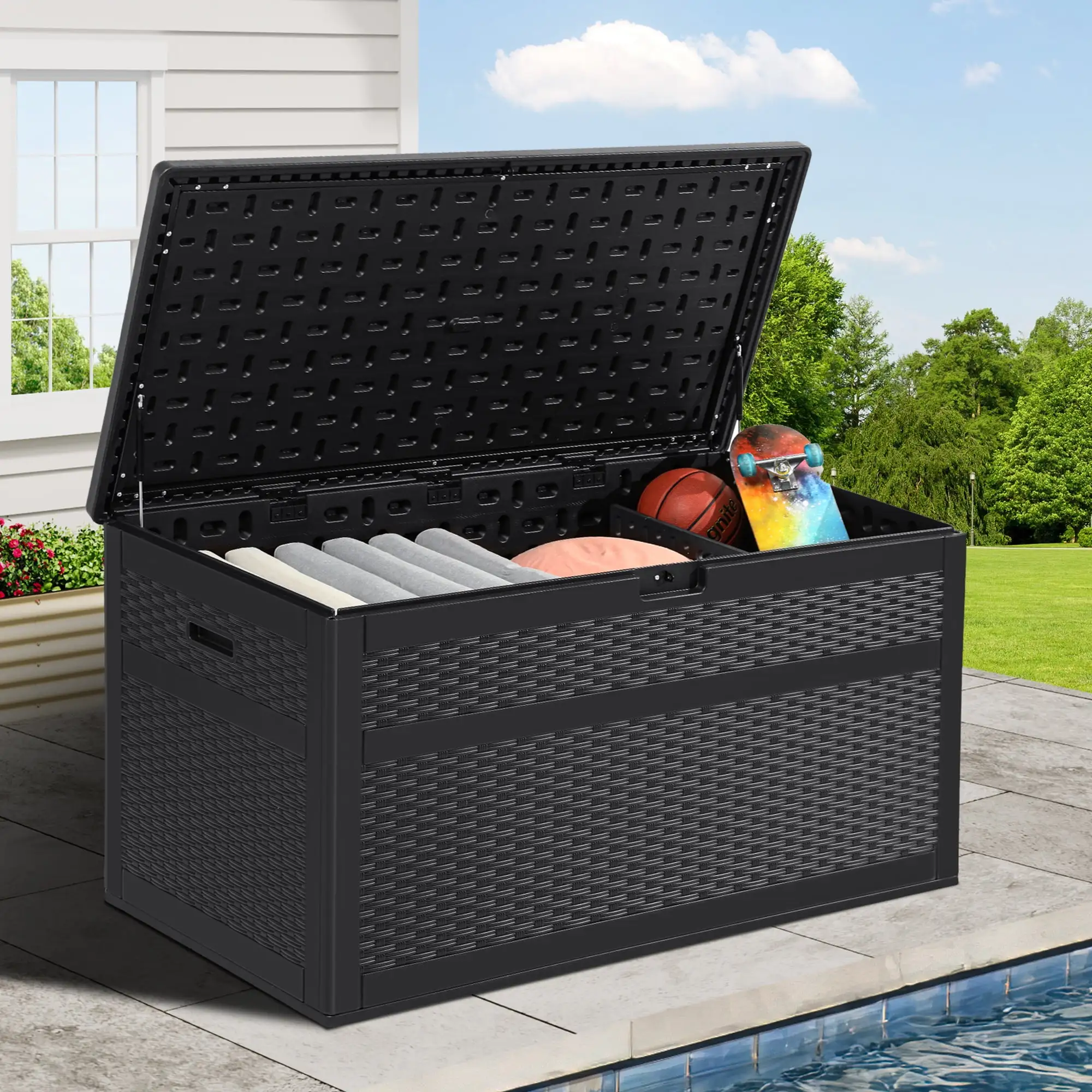 Dextrus 230 Gallon Resin Deck Box.Large Outdoor Storage box with Adjustable Partition for Patio Furniture. Garden Tools. Pool Supplies. Weatherproof and Lockable.Black