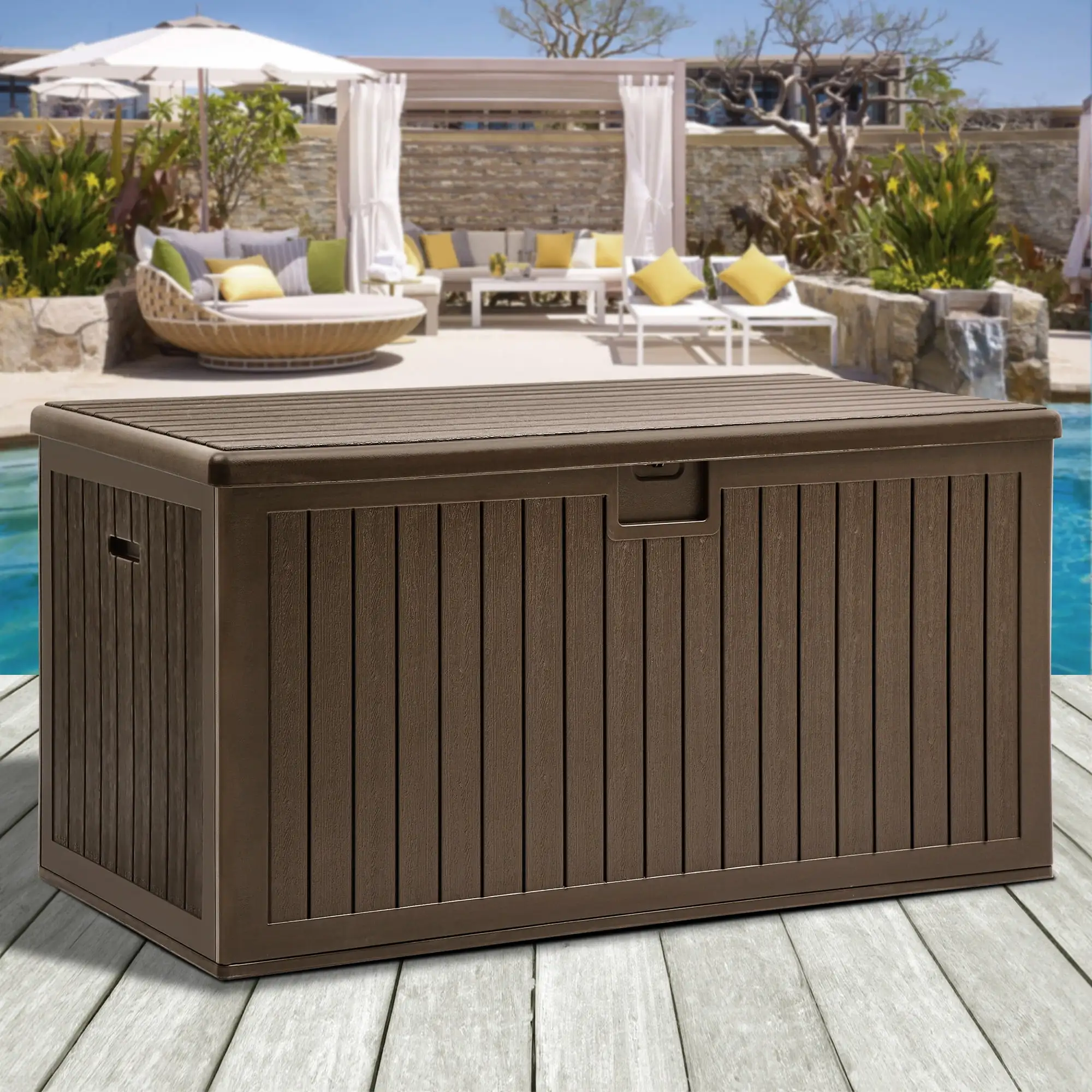 Dextrus 230 Gallon Resin Deck Box Large Outdoor Storage for Patio Furniture. Garden Tools. Pool Supplies. Weatherproof and UV Resistant. Brown