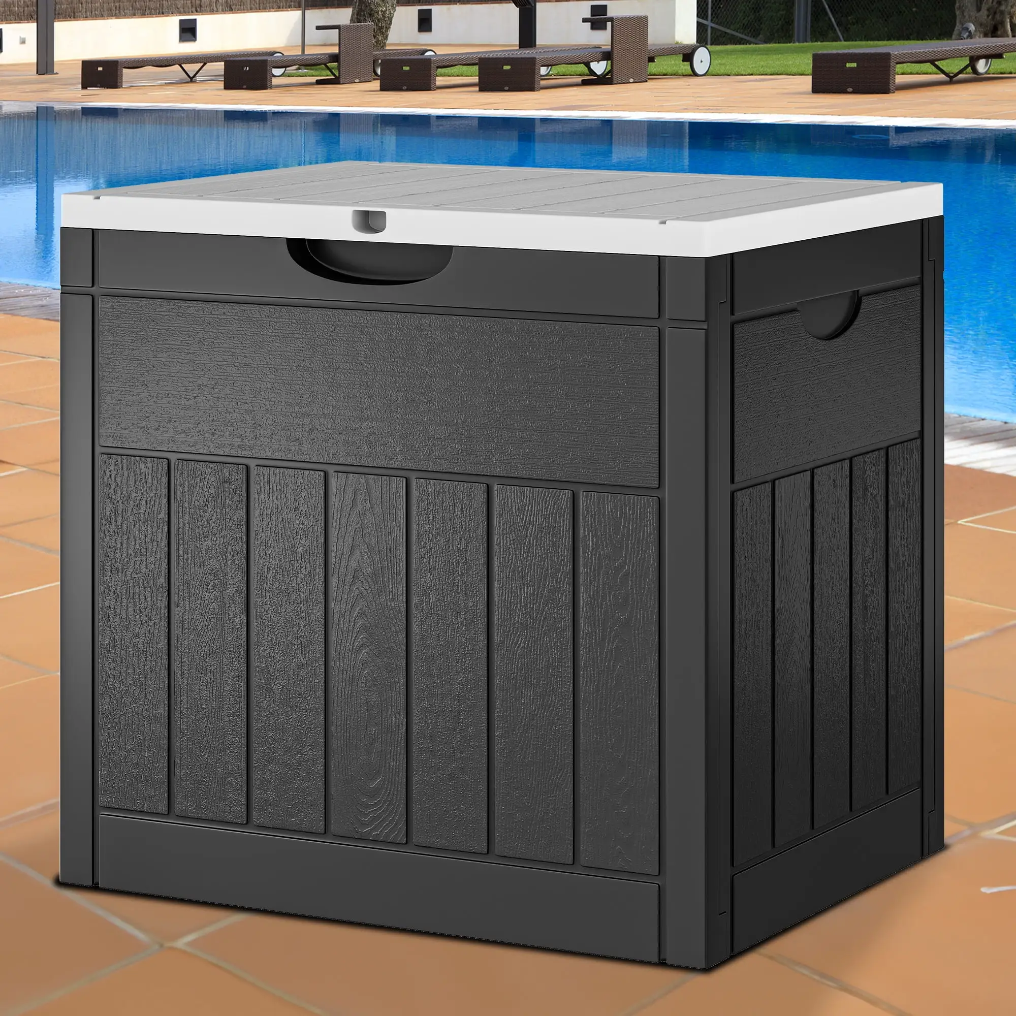 Dextrus 30 Gallon Resin Deck Box with Lockable Lid and Side Handles. Ideal for Indoor and Outdoor Storage of Patio Cushions. Garden Tools. Pool Accessories & Backyard Furniture. Waterproof-Dark Gray