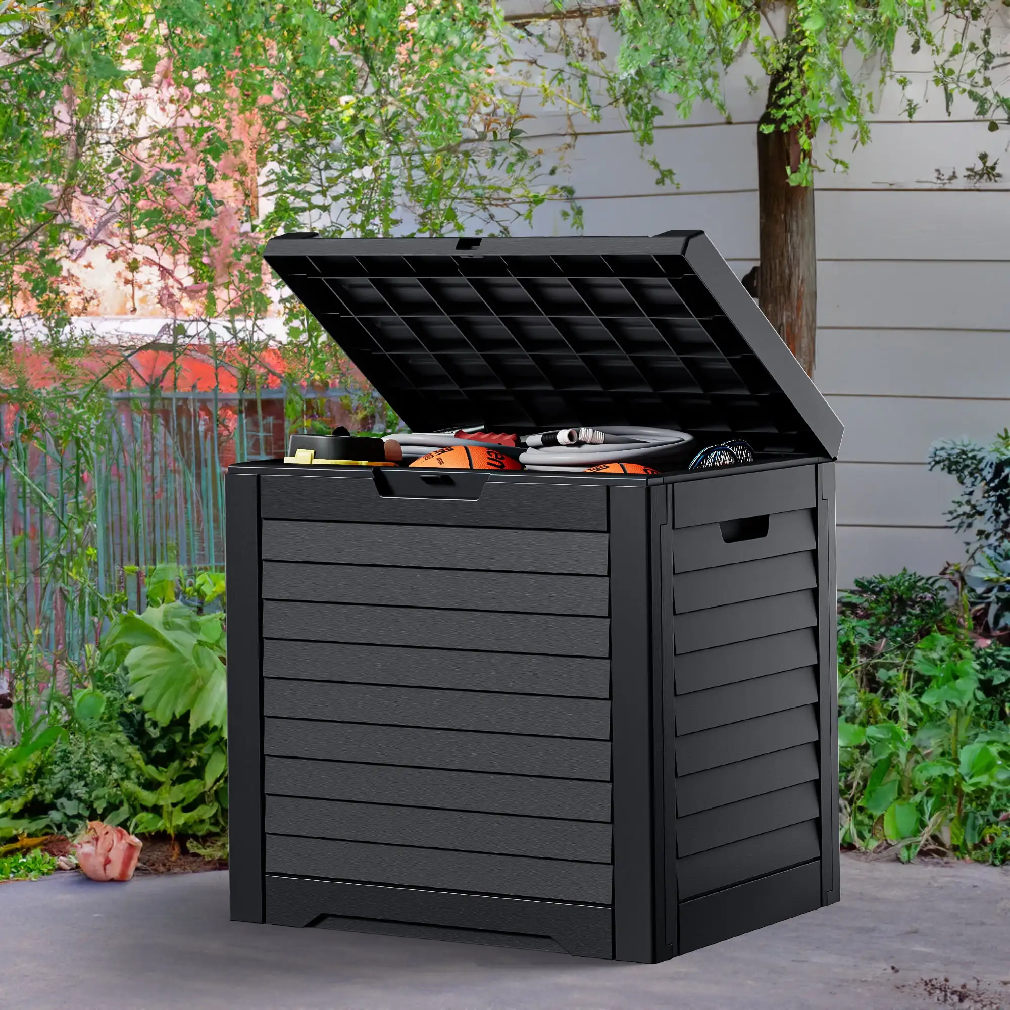 Dextrus 31 Gallon Outdoor Storage Box. Stylish Louvered Deck Box with Lockable Lid.for Gardening Equipment and Pool Accessories. Waterproof and UV Resistant.Black