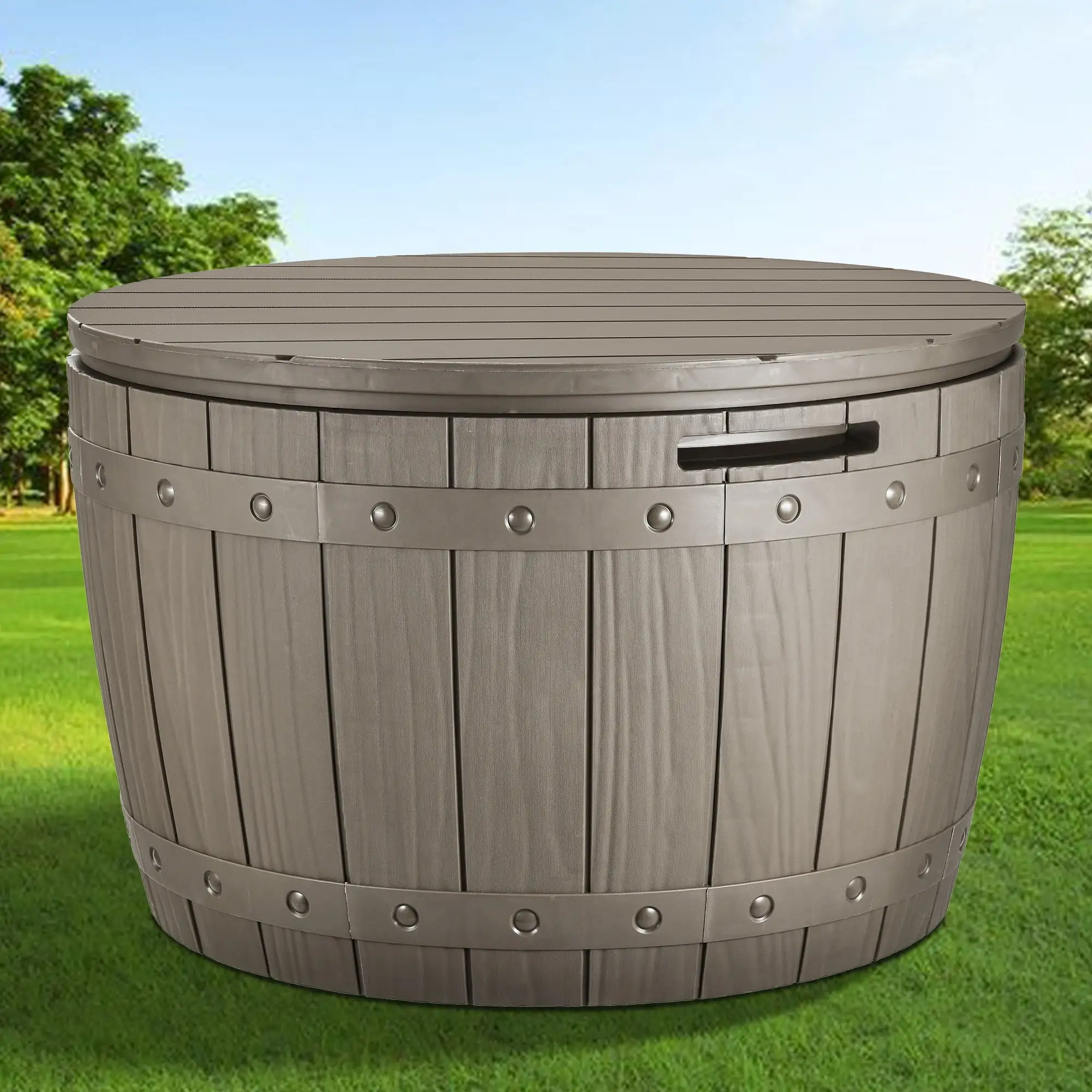 Dextrus 33 Gallon Outdoor Resin Storage Box. Waterproof Round Deck Box for Patio Furniture. Cushions. Pool Accessories. Easy Assembly - Light Brown