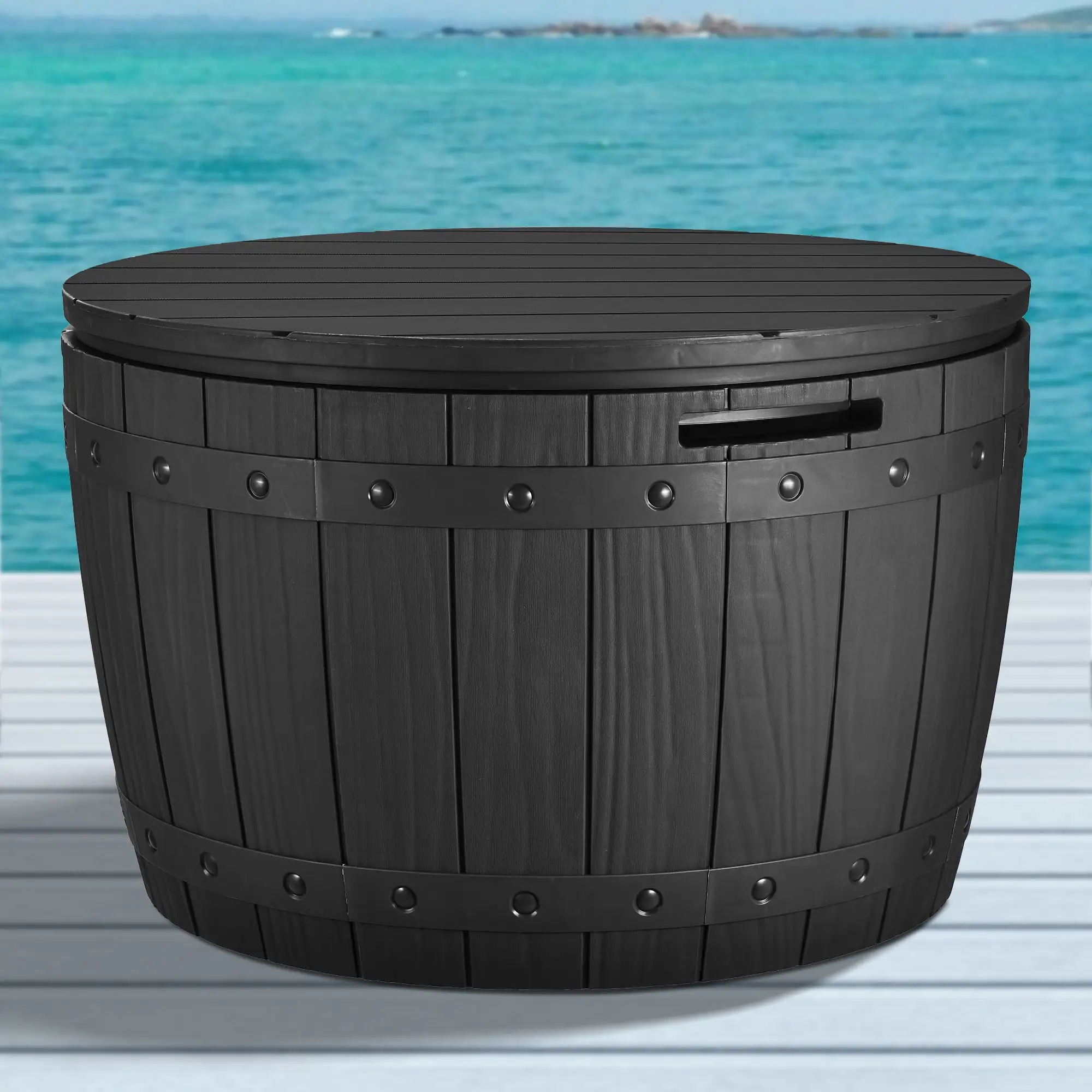 Dextrus 33 Gallon Waterproof Resin Outdoor Deck Box. Lightweight Round Storage Box for Patio Furniture. Cushions. Pool Accessories. and Toys. Easy Assembly - Black