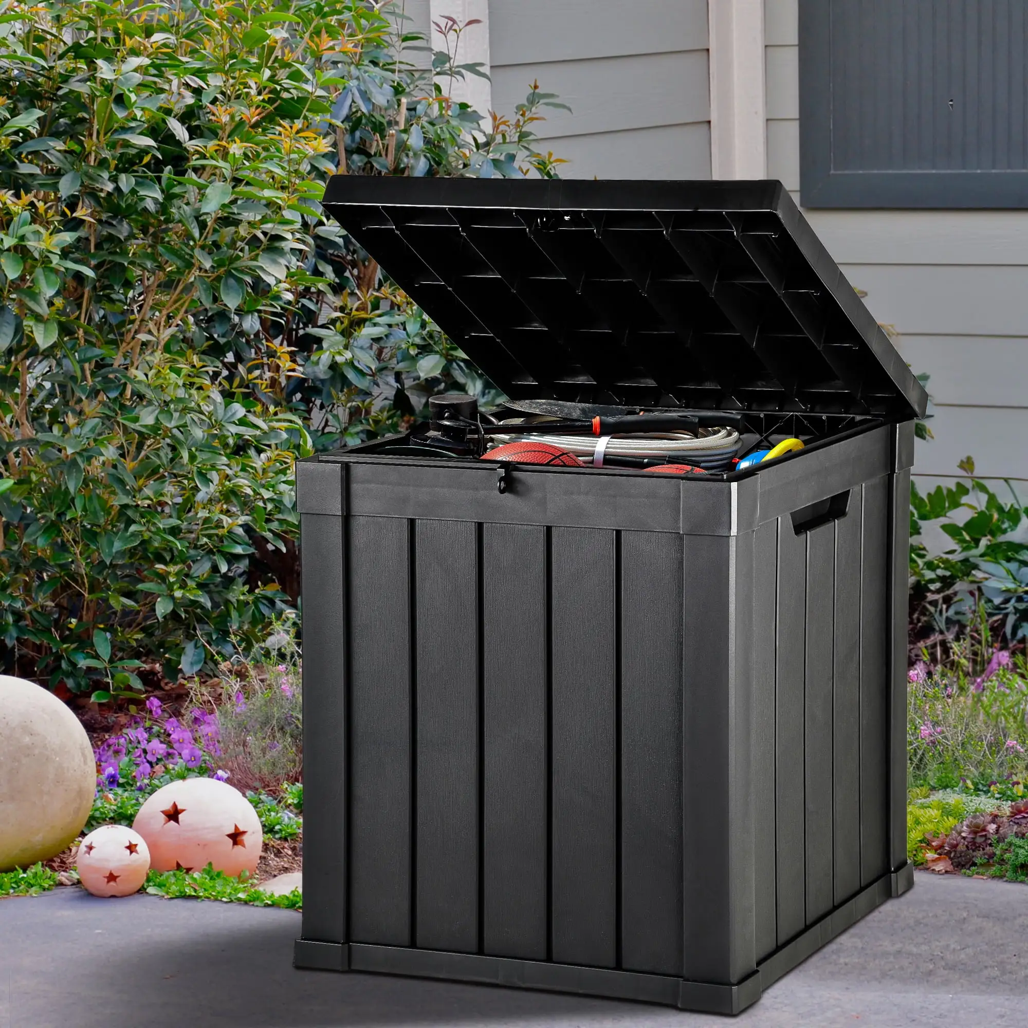 Dextrus 51 Gallon Deck Box .Outdoor Storage Container for Patio Cushions. Garden Tools. Lockable Lid and Side Handles. Black