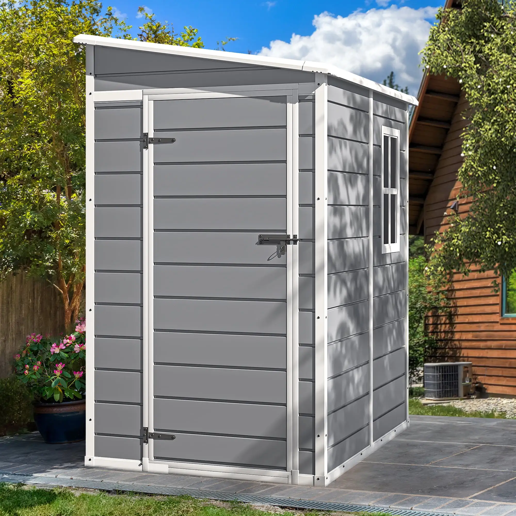 Dextrus 5x4 FT Resin Outdoor Storage Shed with Floor. Resin Large Storage Shed with Lockable Door & Window. Waterproof