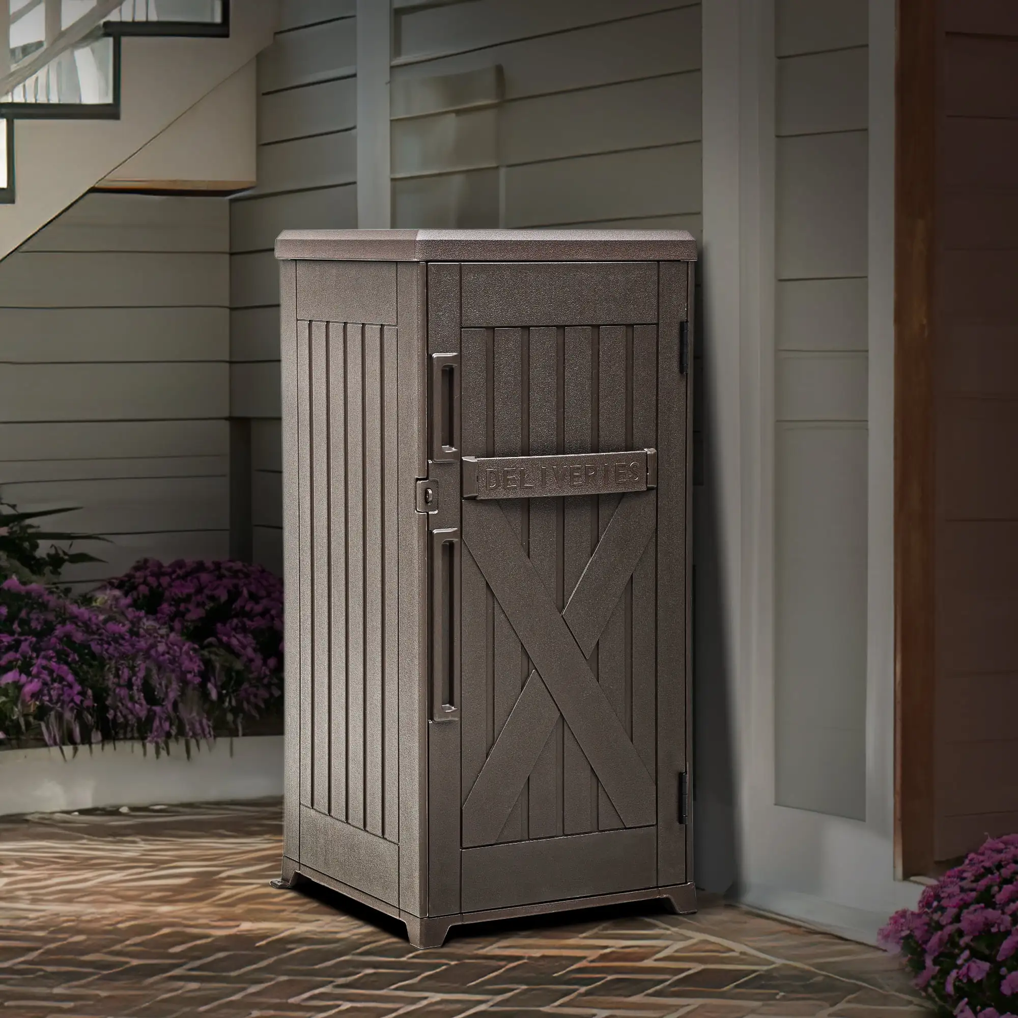 Dextrus 60 Gallon Large Package Delivery and Storage Box with Lockable Secure. Double-Wall Resin Outdoor Package Delivery and Waterproof Deck Box for Porch. Curbside. 8.5 Cubic feet. Brown