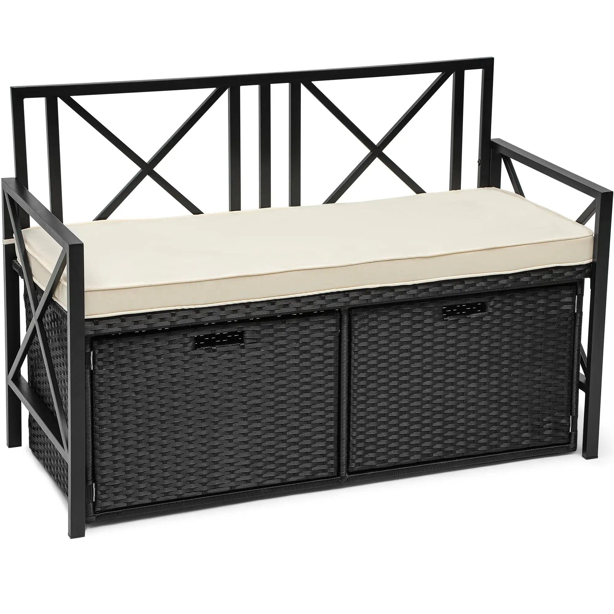 Dextrus 70 Gallon Outdoor Storage Bench w/Cushion. Wicker Storage Deck Box w/Seat. All-Weather PE Rattan Storage Seating for Patio Furniture. Outdoor Cushions and Garden Tools -Black&Beige