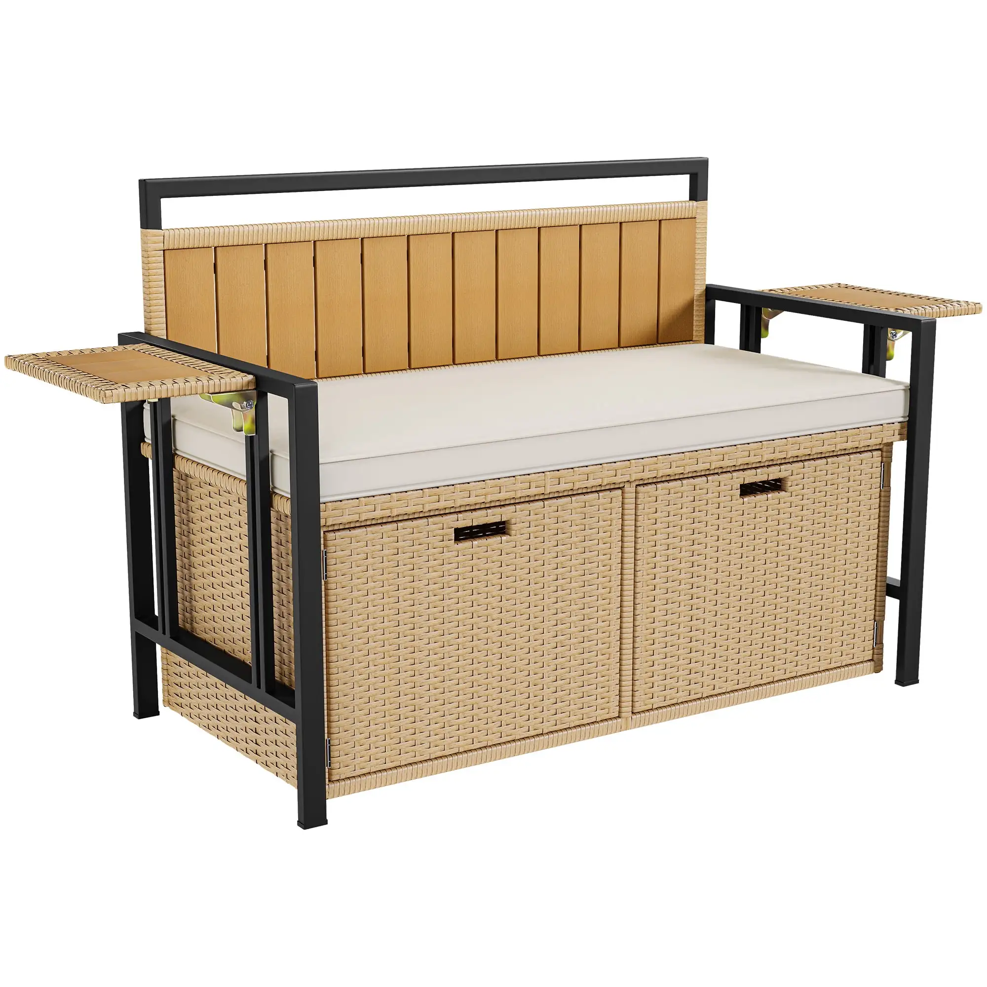 Dextrus 70 Gallon Outdoor Storage w/Extension Board & Cushion. Wicker Storage Deck Box w/Seat. Rattan Storage Seating for Patio Furniture. Outdoor Cushions. Pool Storage. Garden Tool -Wood Tone&Beige